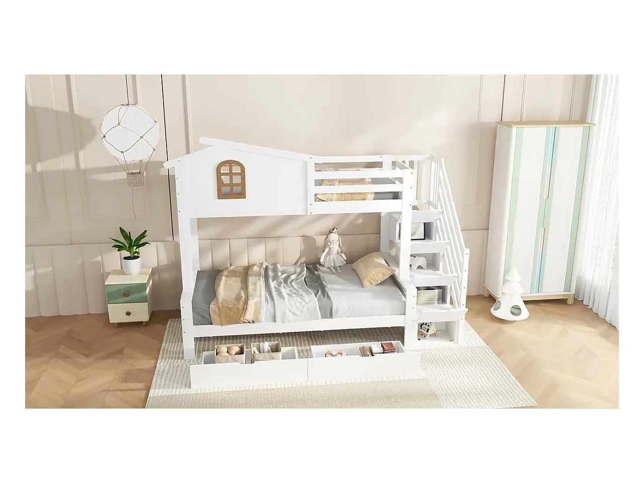 Lit superposé 90x200cm - avec 2 tiroirs - avec fenêtres - escalier avec rangement - Bois massif + MDF - Blanc (sans matelas)