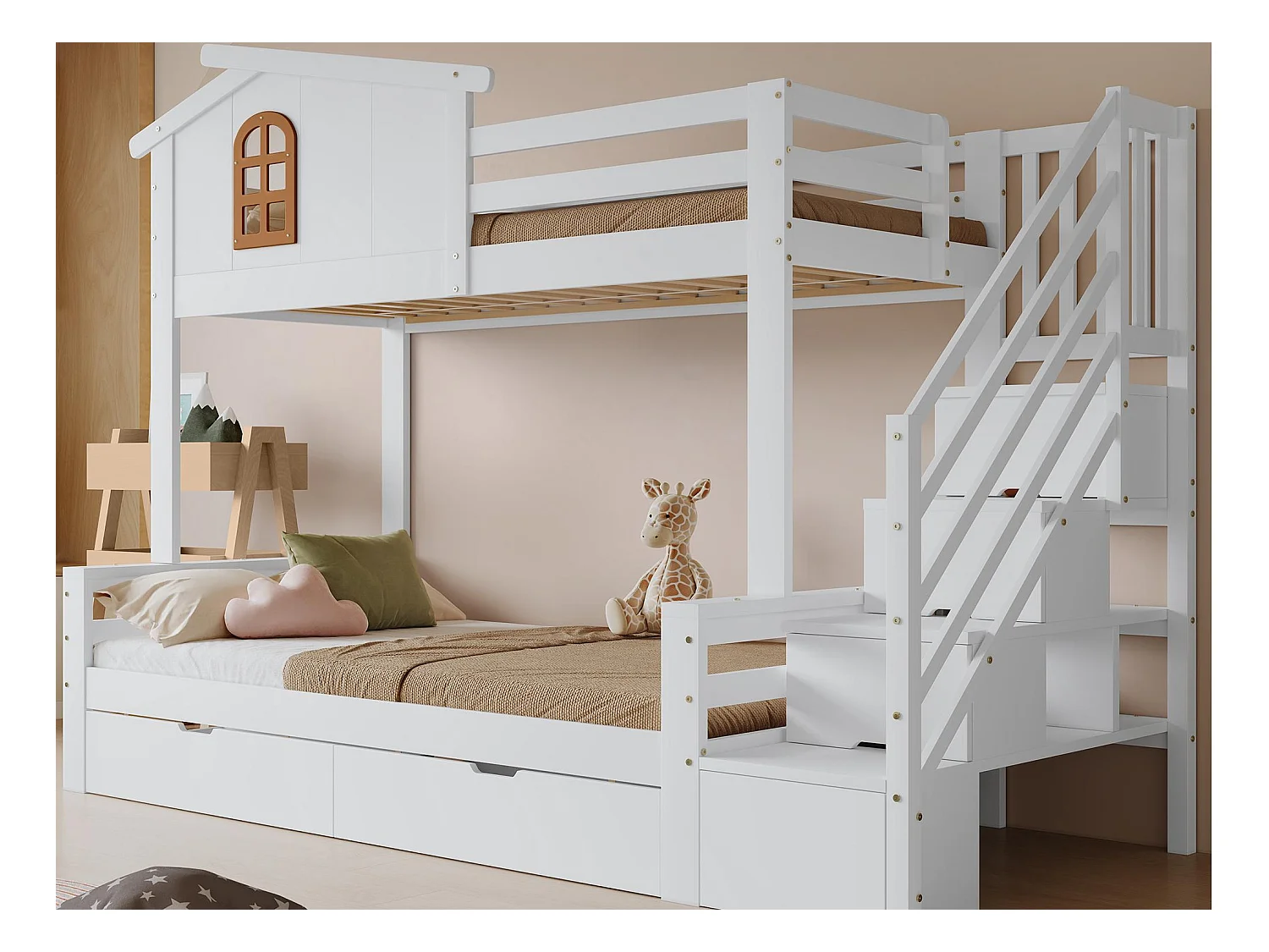 Lit superposé 90x200cm - avec 2 tiroirs - avec fenêtres - escalier avec rangement - Bois massif + MDF - Blanc (sans matelas)