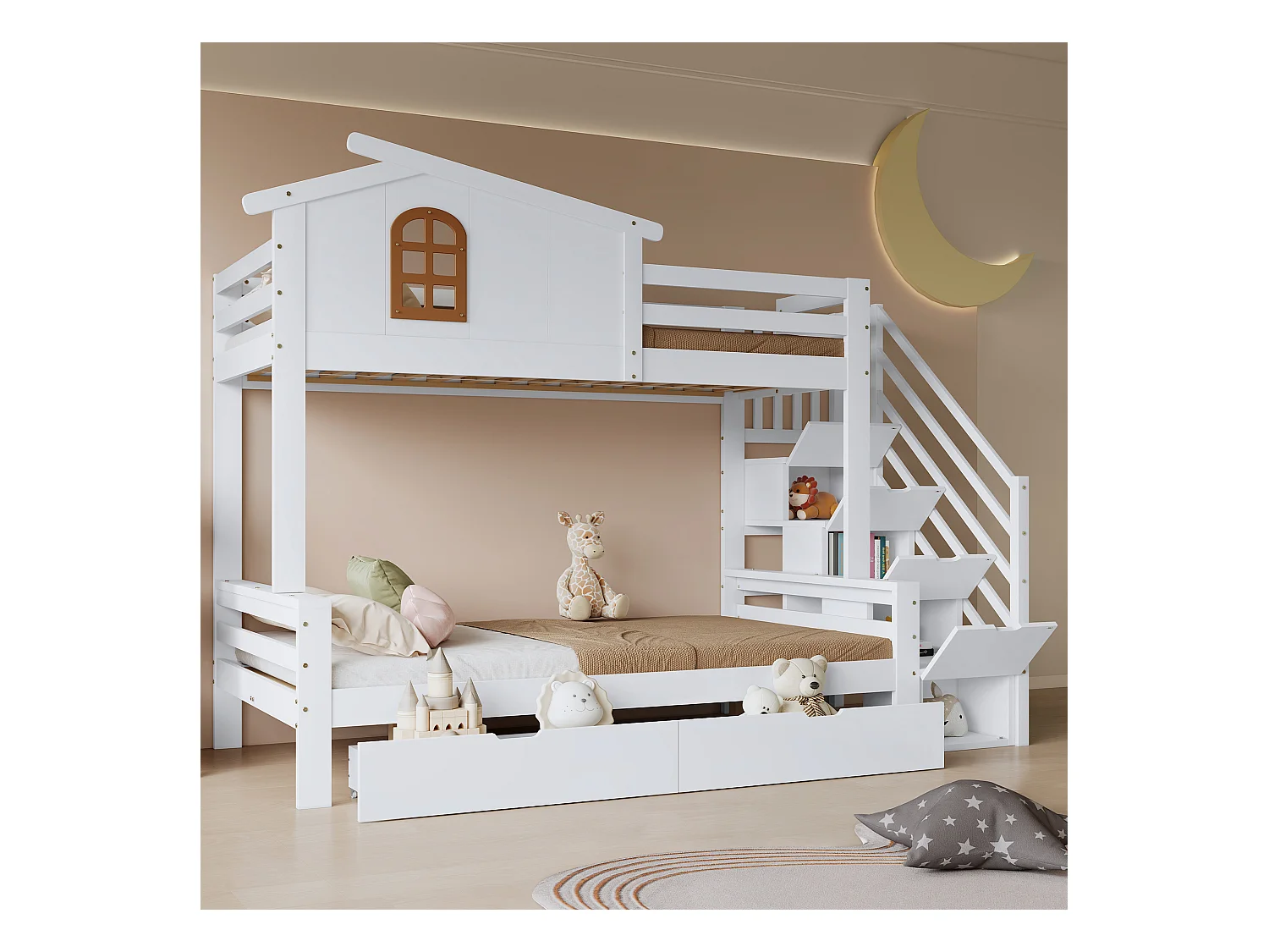 Lit superposé 90x200cm - avec 2 tiroirs - avec fenêtres - escalier avec rangement - Bois massif + MDF - Blanc (sans matelas)