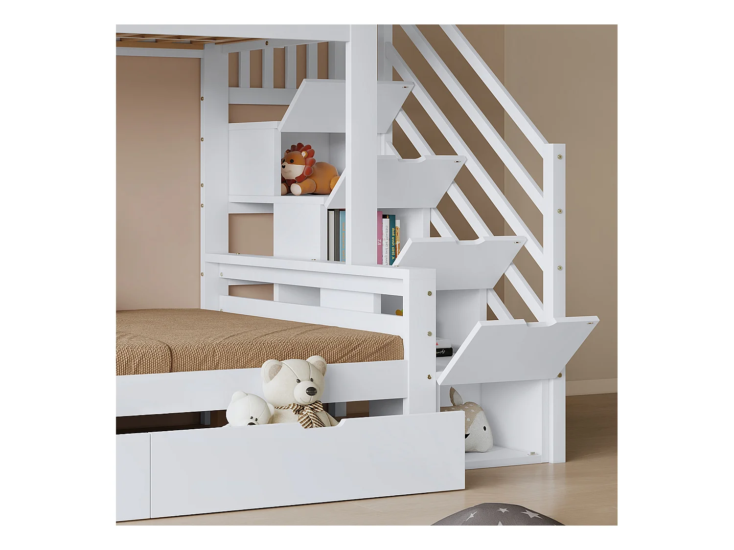 Lit superposé 90x200cm - avec 2 tiroirs - avec fenêtres - escalier avec rangement - Bois massif + MDF - Blanc (sans matelas)