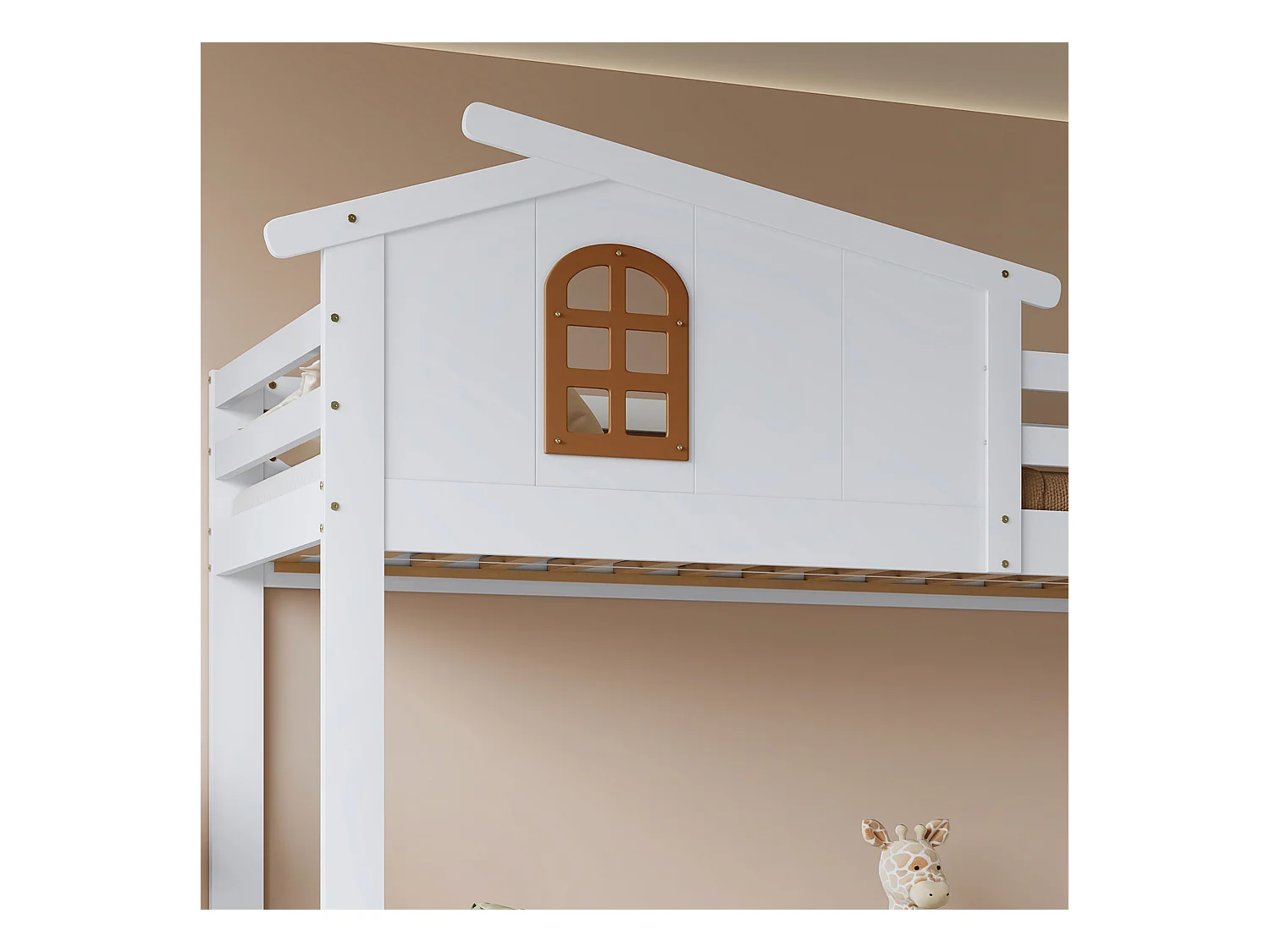 Lit superposé 90x200cm - avec 2 tiroirs - avec fenêtres - escalier avec rangement - Bois massif + MDF - Blanc (sans matelas)