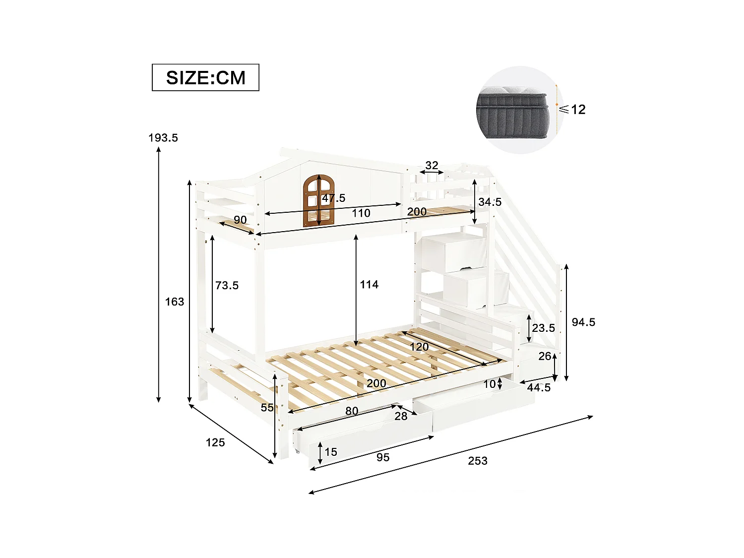 Lit superposé 90x200cm - avec 2 tiroirs - avec fenêtres - escalier avec rangement - Bois massif + MDF - Blanc (sans matelas)