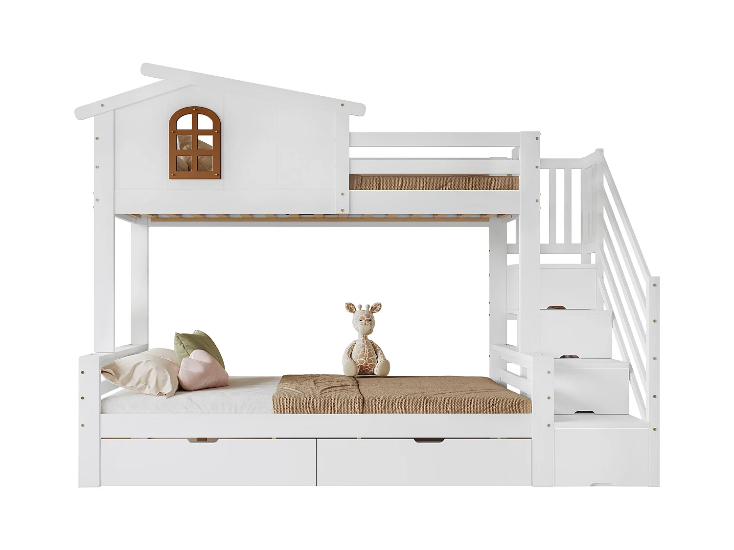 Lit superposé 90x200cm - avec 2 tiroirs - avec fenêtres - escalier avec rangement - Bois massif + MDF - Blanc (sans matelas)