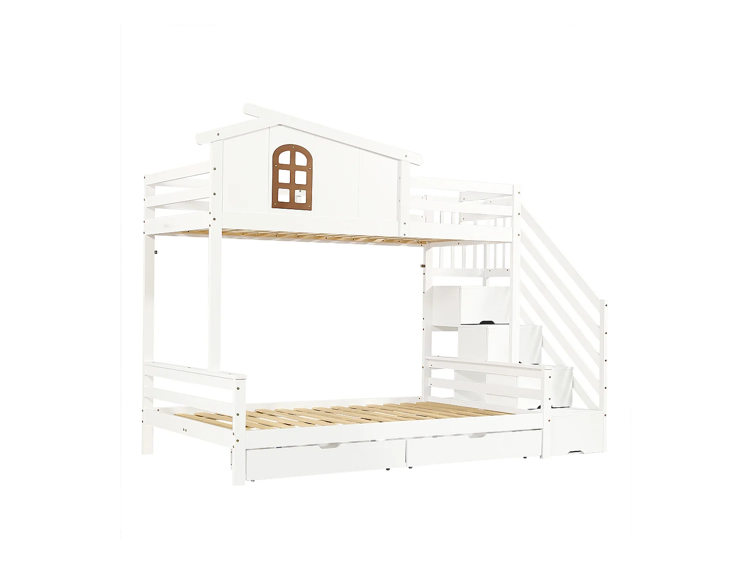 Lit superposé 90x200cm - avec 2 tiroirs - avec fenêtres - escalier avec rangement - Bois massif + MDF - Blanc (sans matelas)