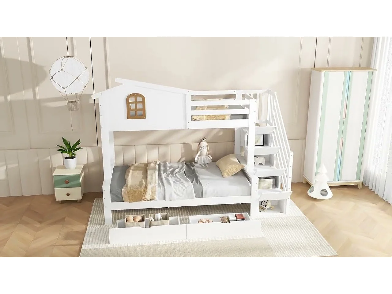 Lit superposé 90x200cm - avec 2 tiroirs - avec fenêtres - escalier avec rangement - Bois massif + MDF - Blanc (sans matelas)