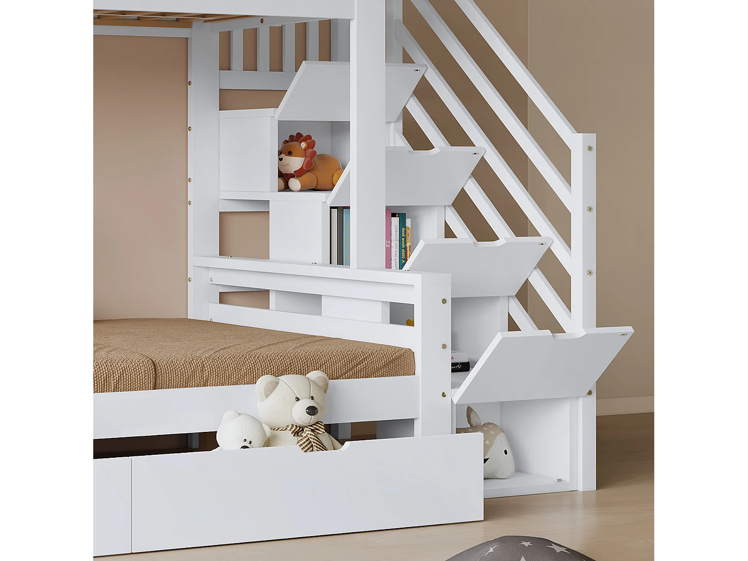 Lit superposé 90x200cm - avec 2 tiroirs - avec fenêtres - escalier avec rangement - Bois massif + MDF - Blanc (sans matelas)