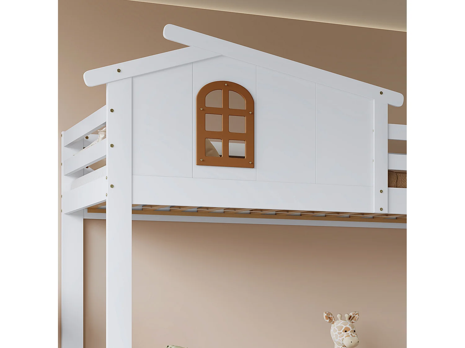 Lit superposé 90x200cm - avec 2 tiroirs - avec fenêtres - escalier avec rangement - Bois massif + MDF - Blanc (sans matelas)