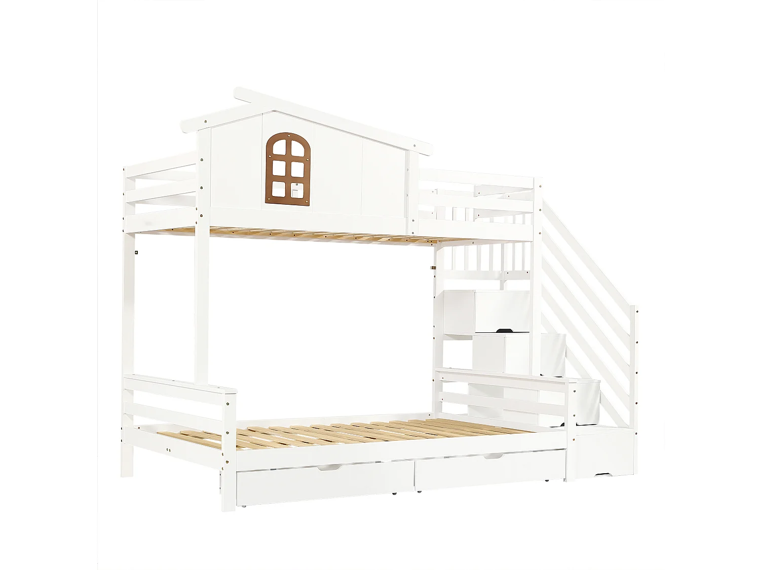 Lit superposé 90x200cm - avec 2 tiroirs - avec fenêtres - escalier avec rangement - Bois massif + MDF - Blanc (sans matelas)