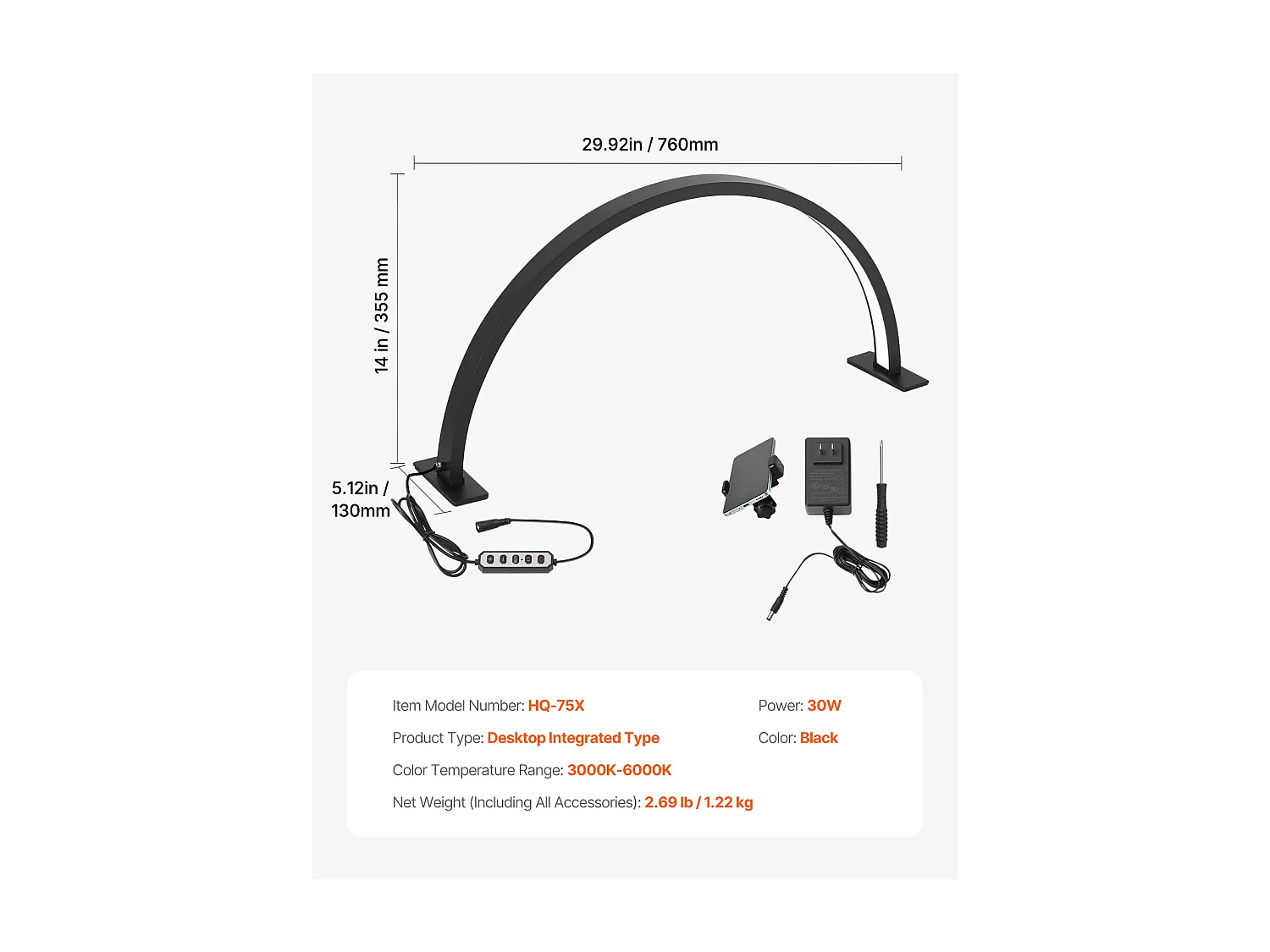 Lampe d’Esthéticienne, SucceBuy, Lampe de Bureau 30 W en Forme de Demi-lune avec Support pour Téléphone - Luminosité Réglable