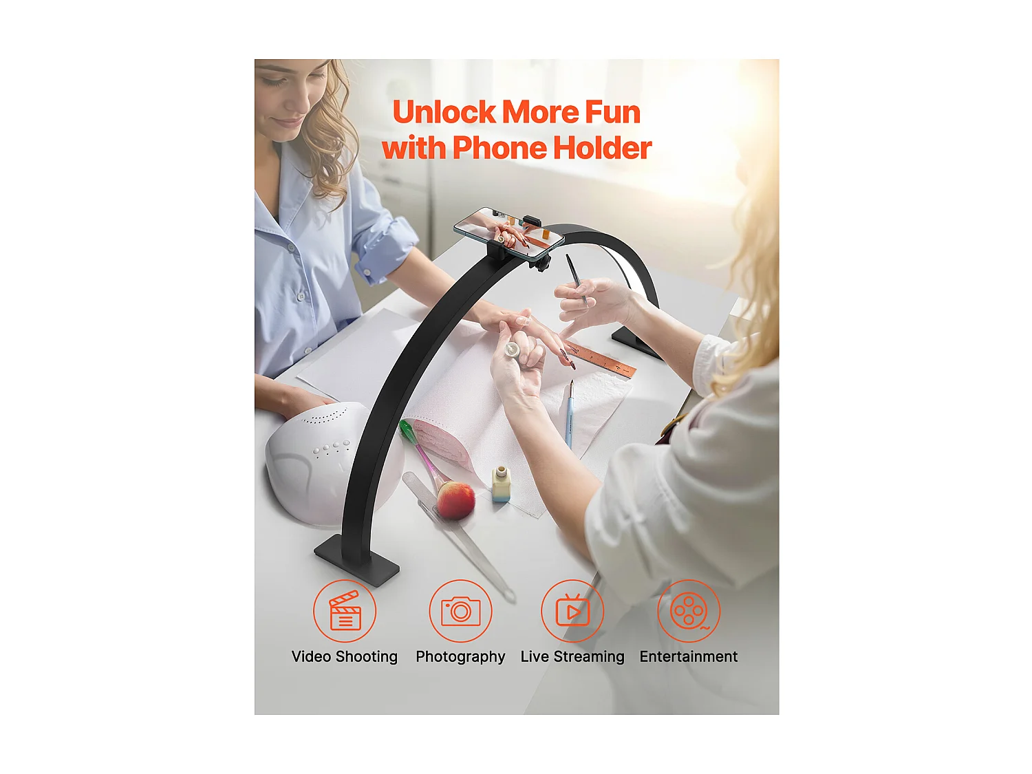 Lampe d’Esthéticienne, SucceBuy, Lampe de Bureau 30 W en Forme de Demi-lune avec Support pour Téléphone - Luminosité Réglable