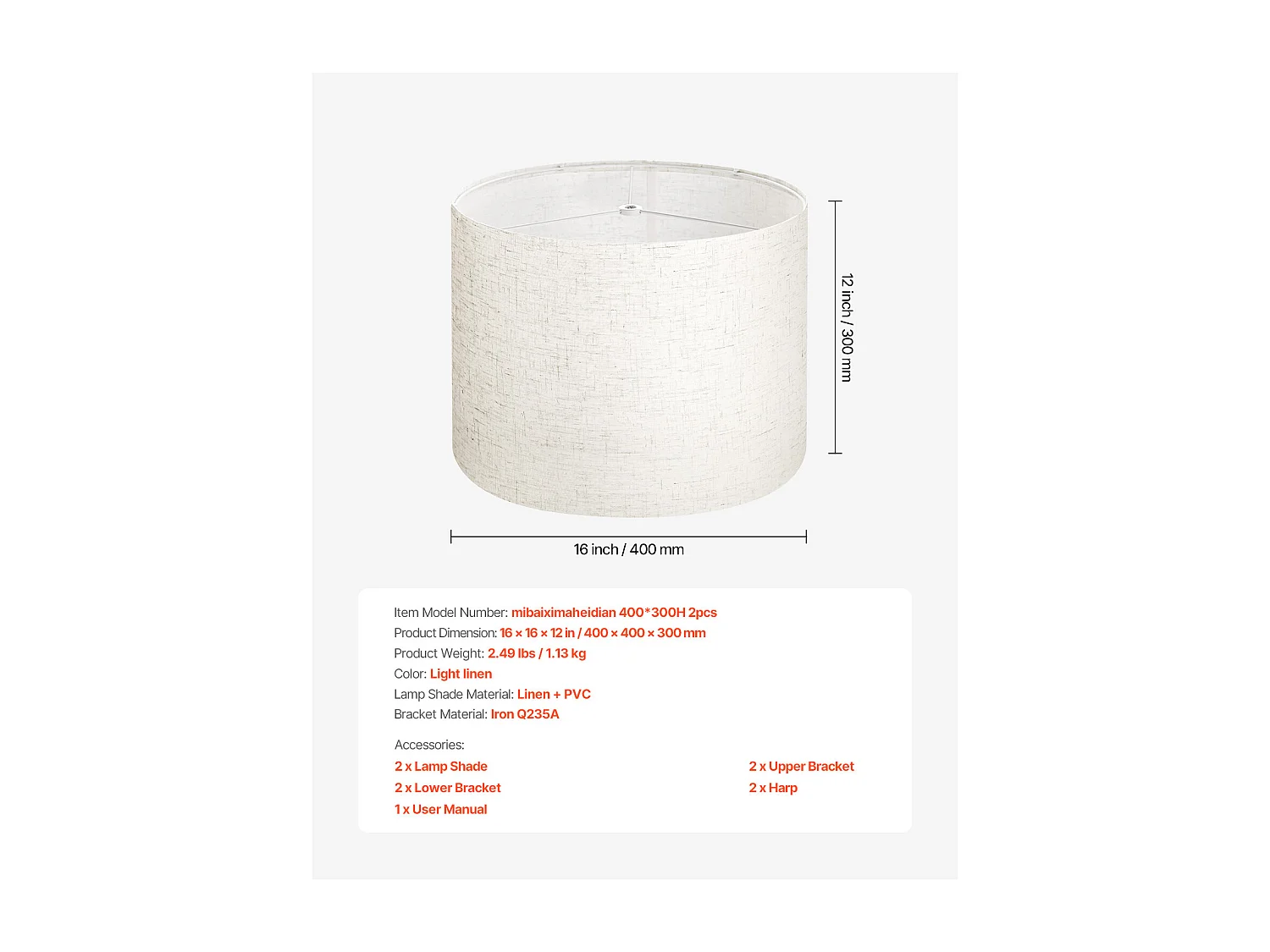 Abat-Jour Tambour SucceBuy, 2 Pcs, 40x40x30 cm, Grand Abat-Jour de Remplacement avec Harpe, pour Lampes de Table, Lampadaires et Suspensions, Lin Clair