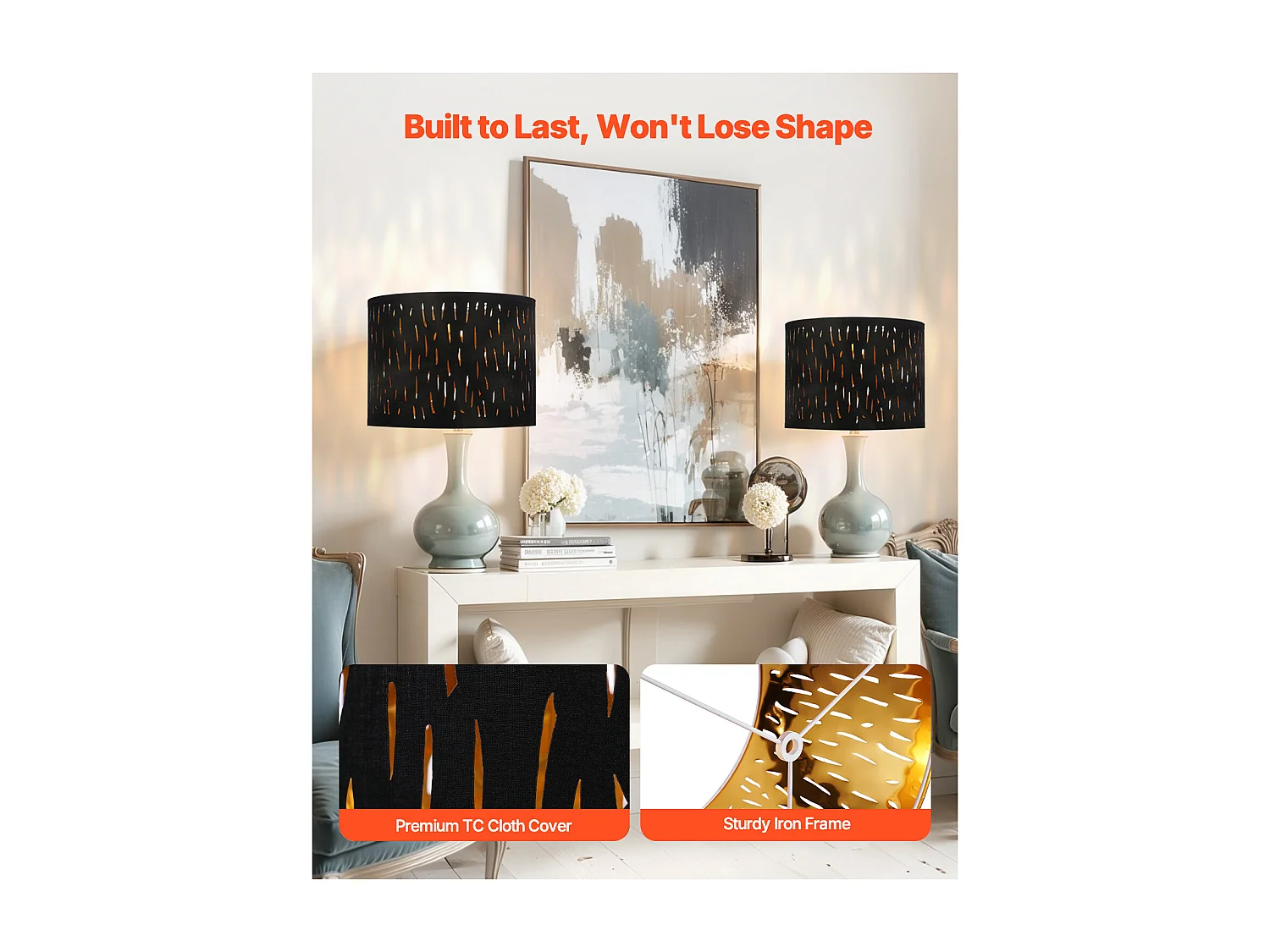 Trommelvormige Lampenkap SucceBuy, 2 Stuks, 33x33x25 cm, Middelgrote Vervangende Lampenkap van Linnen voor Staande Lampen en Hanglampen, Hol Zwart Design