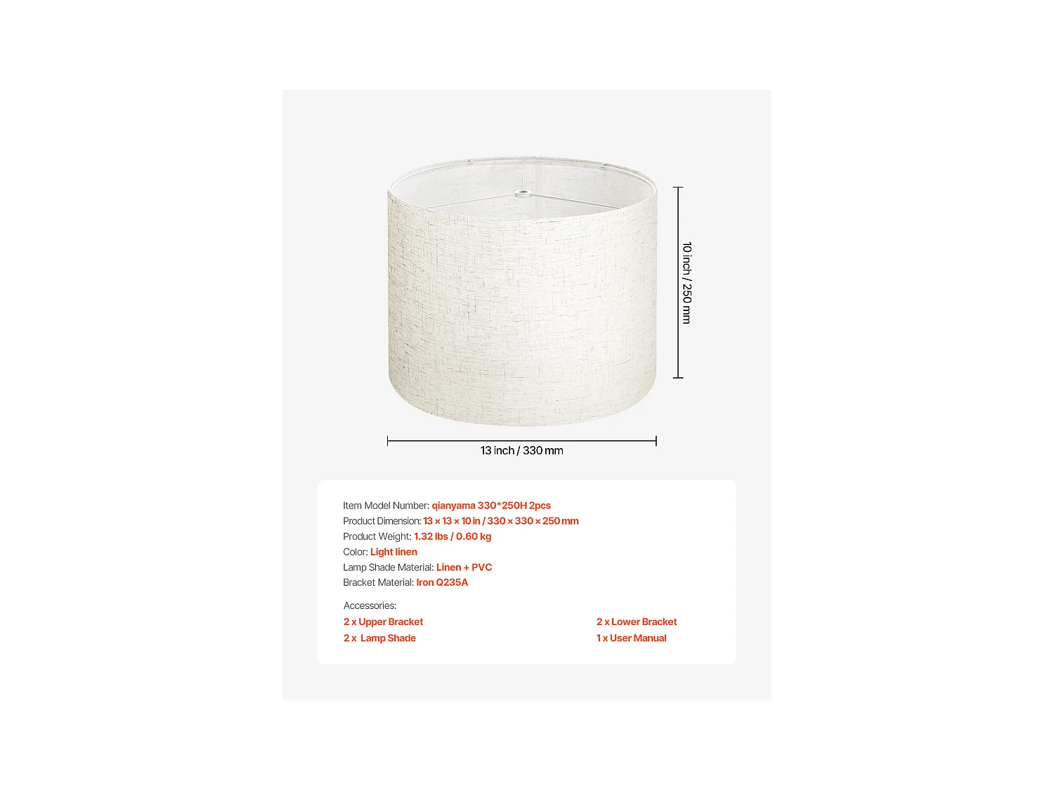 Trommelvormige Lampenkap SucceBuy, 2 Stuks, 33 x 33 x 25 cm, Middelgrote Ronde Vervangende Lampenkap van Linnen voor Staande Lampen en Hanglampen, Licht Linnen