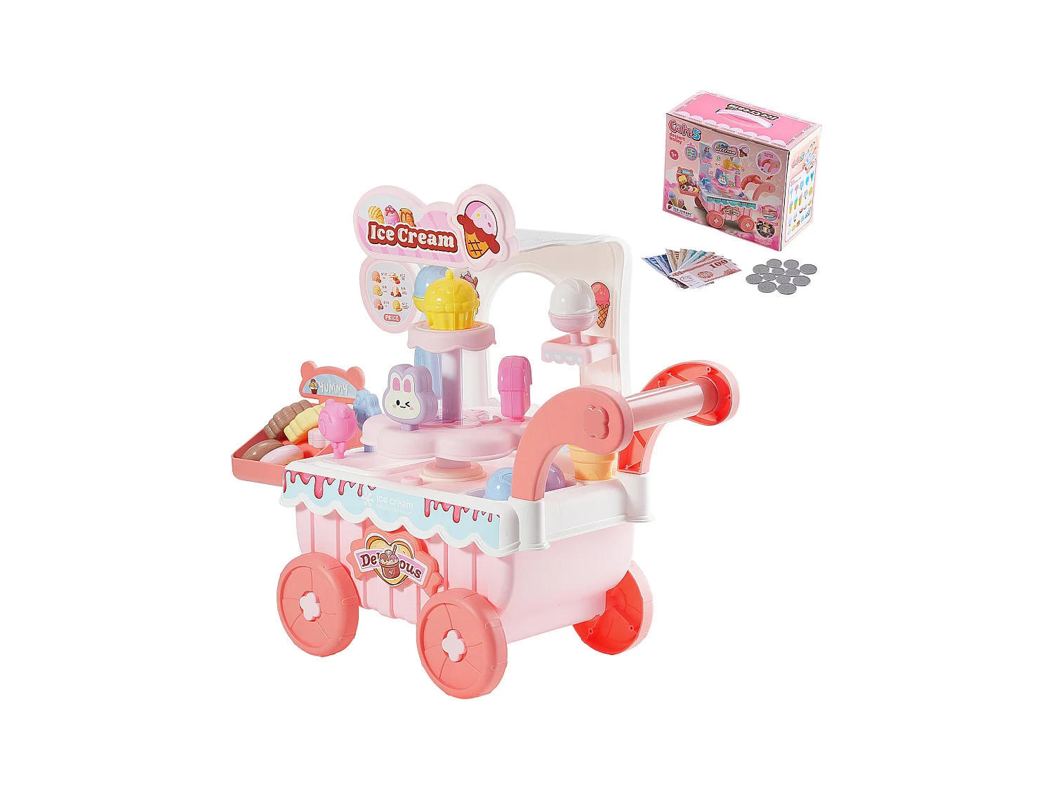Chariot à Glaces pour Enfants SucceBuy, 27 Pièces, Jeu d'Imitation de Stand Glacier, avec Espace de Rangement, pour Tout-Petits de 3 Ans et Plus