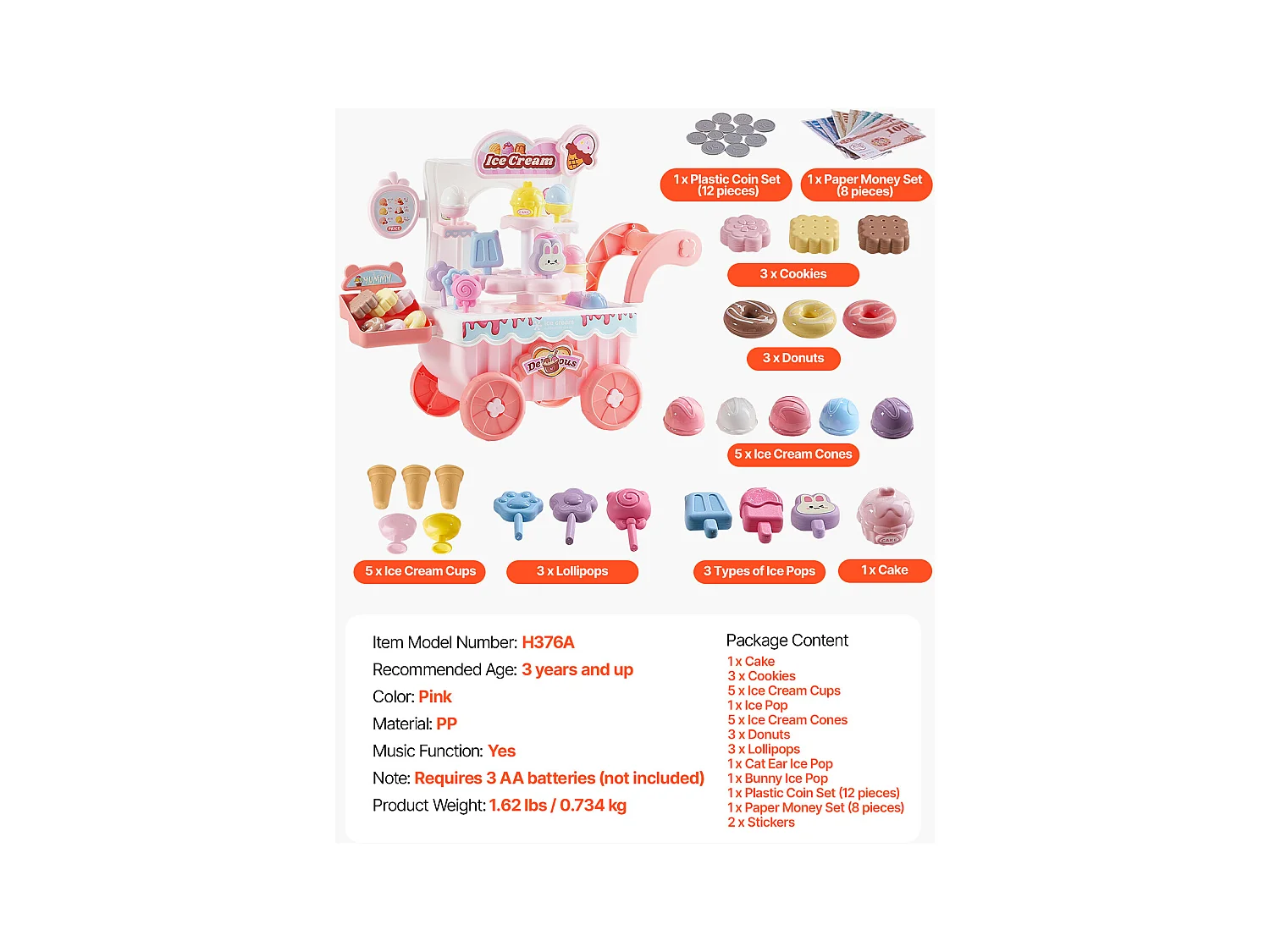 Chariot à Glaces pour Enfants SucceBuy, 27 Pièces, Jeu d'Imitation de Stand Glacier, avec Espace de Rangement, pour Tout-Petits de 3 Ans et Plus