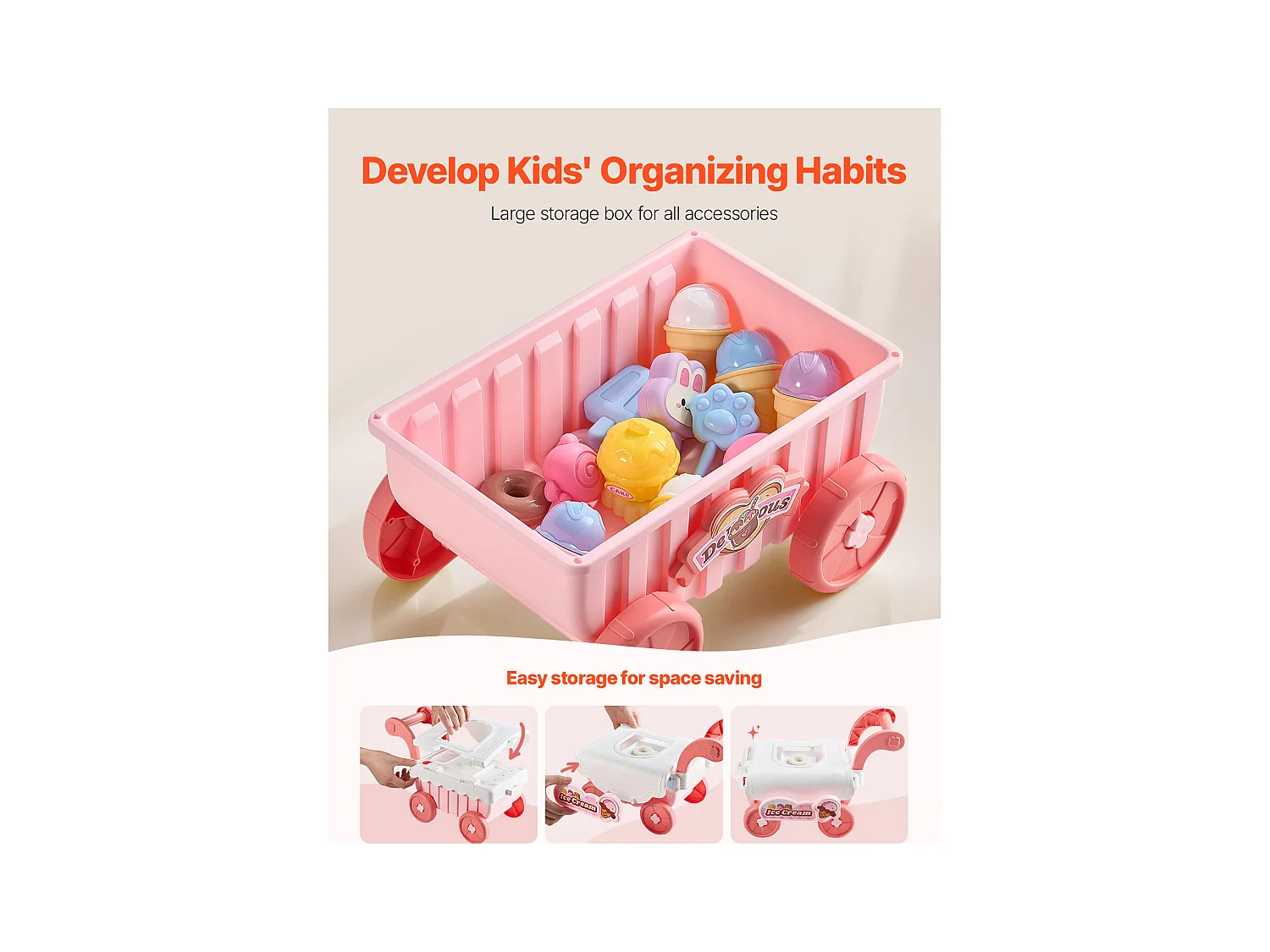 Chariot à Glaces pour Enfants SucceBuy, 27 Pièces, Jeu d'Imitation de Stand Glacier, avec Espace de Rangement, pour Tout-Petits de 3 Ans et Plus