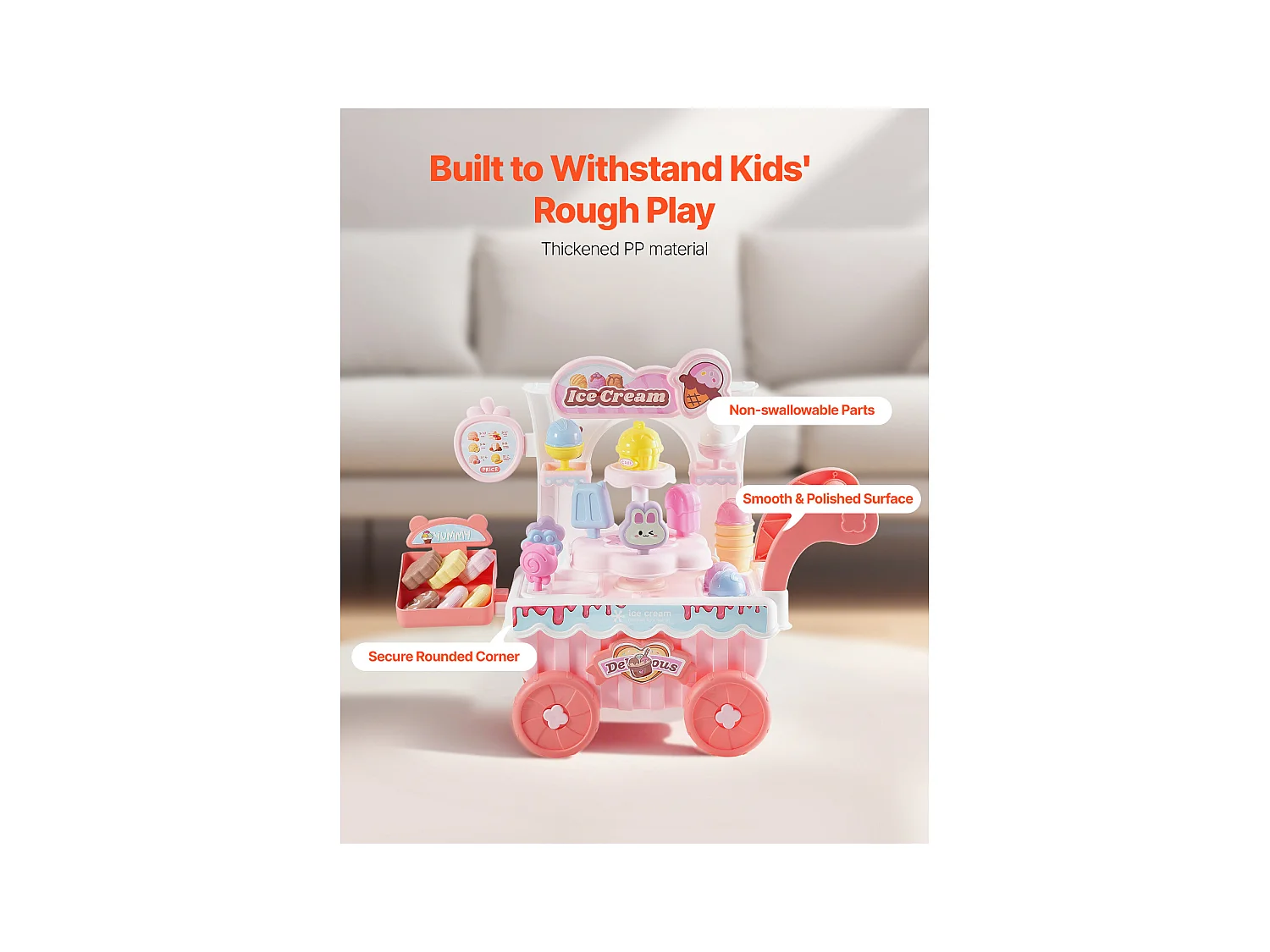 Chariot à Glaces pour Enfants SucceBuy, 27 Pièces, Jeu d'Imitation de Stand Glacier, avec Espace de Rangement, pour Tout-Petits de 3 Ans et Plus