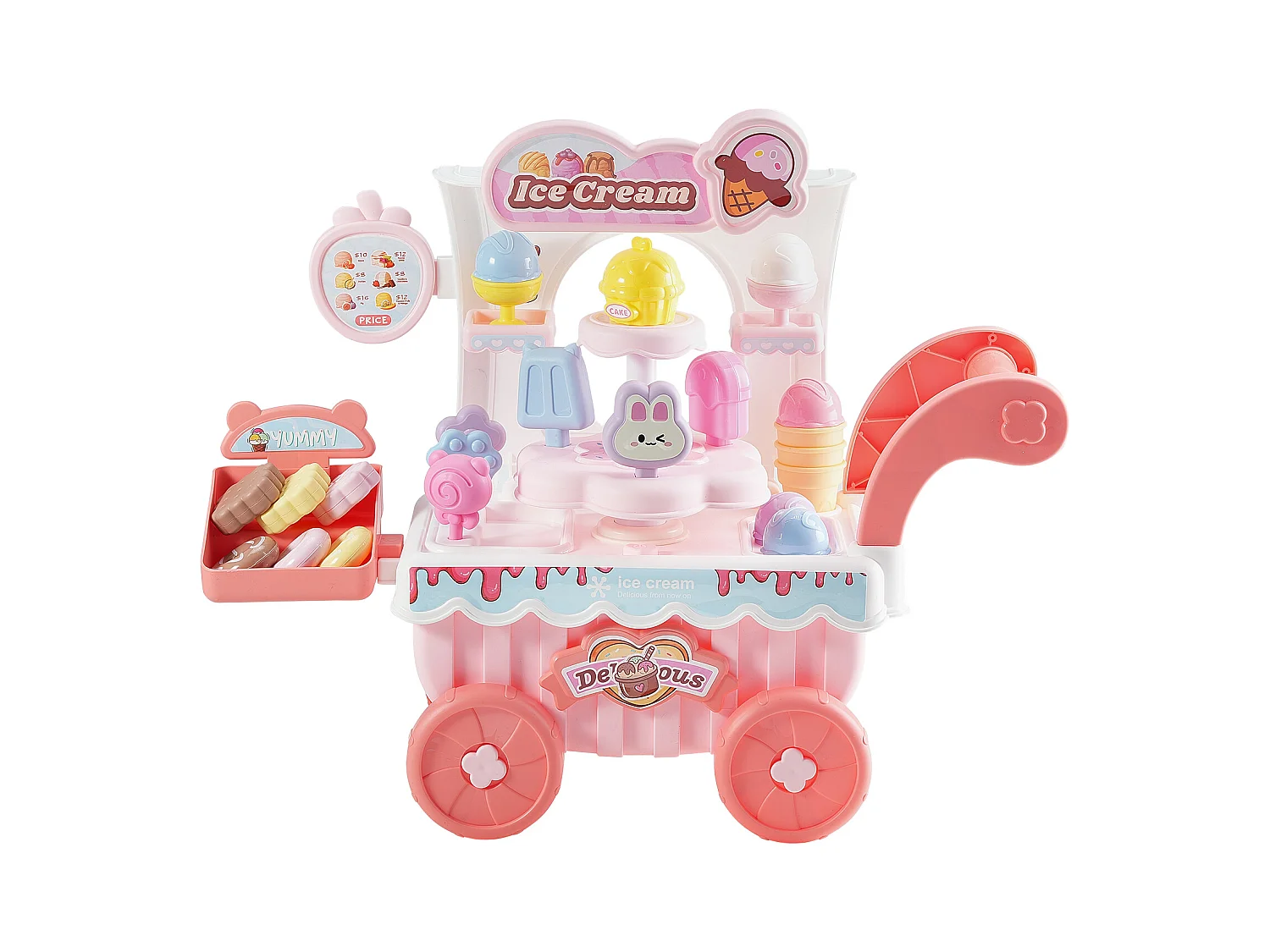 Chariot à Glaces pour Enfants SucceBuy, 27 Pièces, Jeu d'Imitation de Stand Glacier, avec Espace de Rangement, pour Tout-Petits de 3 Ans et Plus