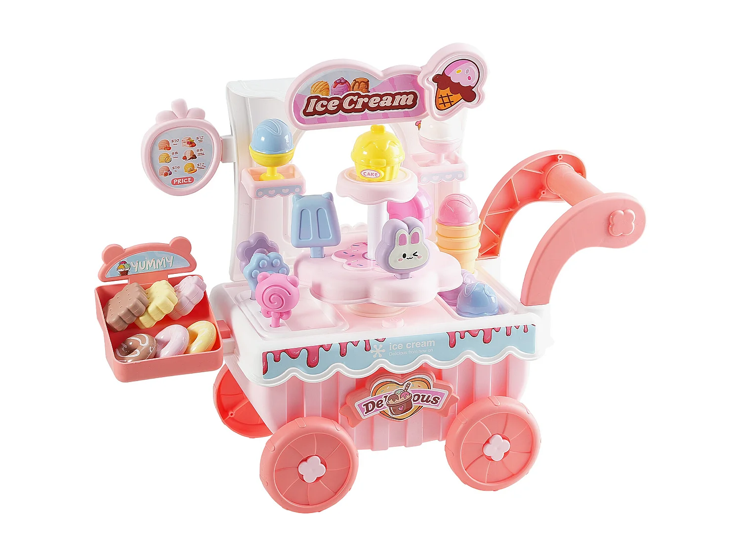 Chariot à Glaces pour Enfants SucceBuy, 27 Pièces, Jeu d'Imitation de Stand Glacier, avec Espace de Rangement, pour Tout-Petits de 3 Ans et Plus