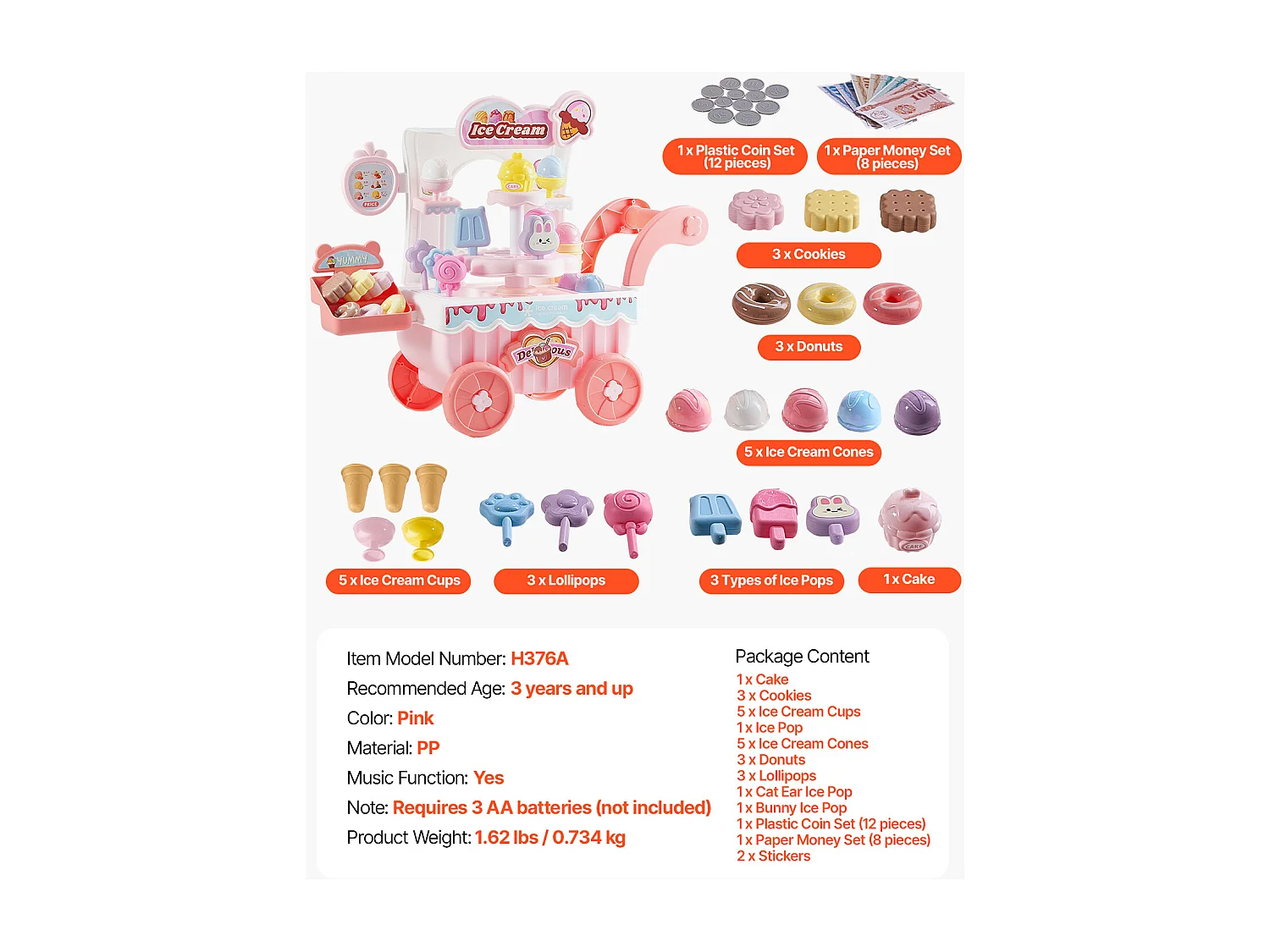 Chariot à Glaces pour Enfants SucceBuy, 27 Pièces, Jeu d'Imitation de Stand Glacier, avec Espace de Rangement, pour Tout-Petits de 3 Ans et Plus