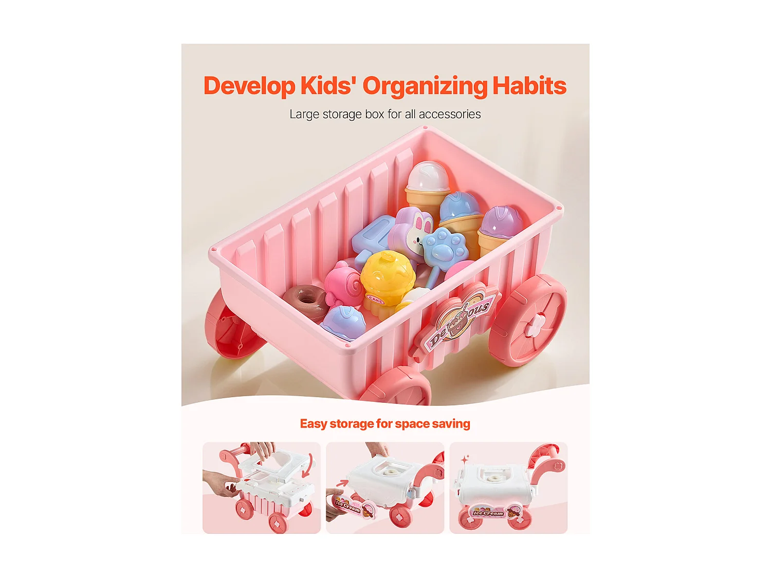 Chariot à Glaces pour Enfants SucceBuy, 27 Pièces, Jeu d'Imitation de Stand Glacier, avec Espace de Rangement, pour Tout-Petits de 3 Ans et Plus