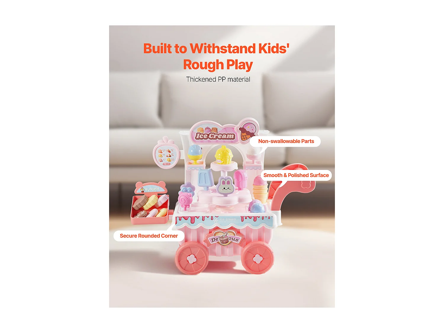 Chariot à Glaces pour Enfants SucceBuy, 27 Pièces, Jeu d'Imitation de Stand Glacier, avec Espace de Rangement, pour Tout-Petits de 3 Ans et Plus