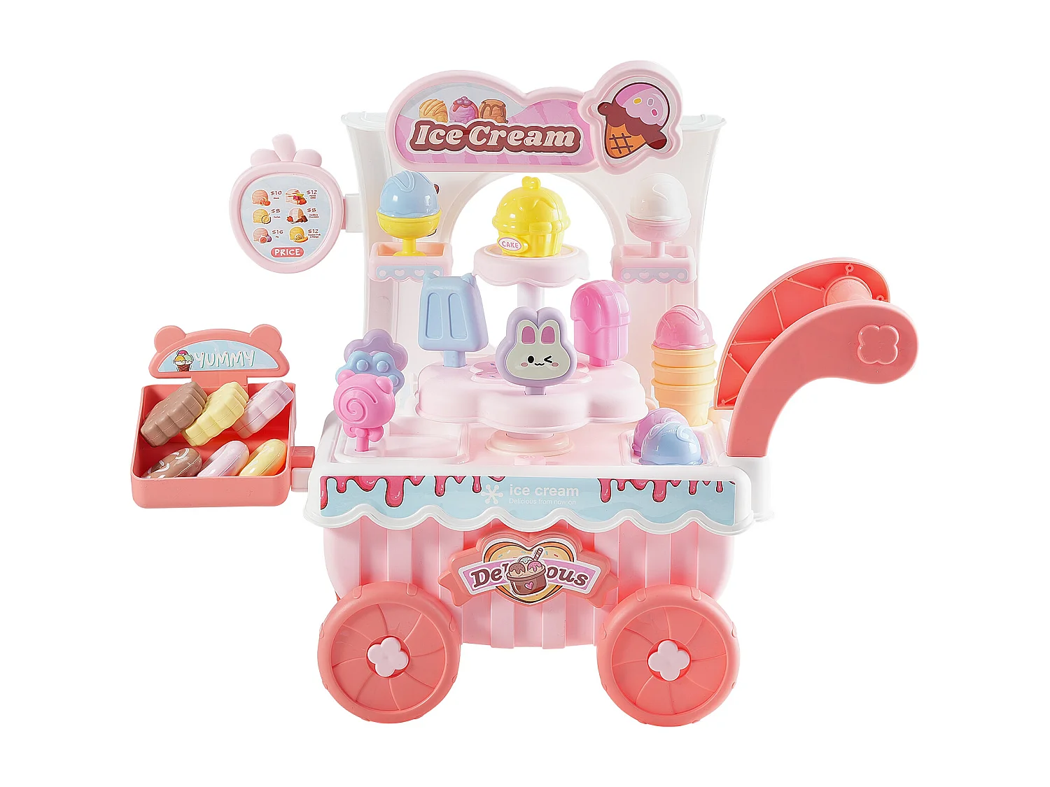 Chariot à Glaces pour Enfants SucceBuy, 27 Pièces, Jeu d'Imitation de Stand Glacier, avec Espace de Rangement, pour Tout-Petits de 3 Ans et Plus