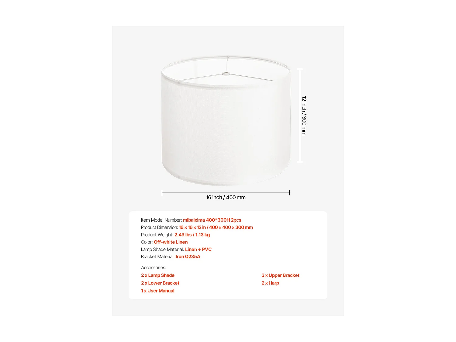 Abat-Jour Tambour SucceBuy, 2 Pcs, 40x40x30 cm, Grand Abat-Jour de Remplacement avec Harpe, pour Lampes de Table, Lampadaires et Suspensions, Lin Blanc Cassé