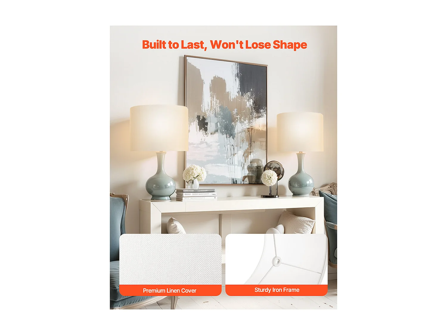 Abat-Jour Tambour SucceBuy, 2 Pcs, 40x40x30 cm, Grand Abat-Jour de Remplacement avec Harpe, pour Lampes de Table, Lampadaires et Suspensions, Lin Blanc Cassé