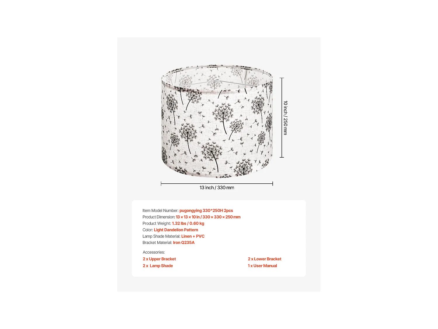 Abat-Jour Tambour SucceBuy, 2 Pcs, 33x33x25 cm, Abat-Jour Ronde de Remplacement Moyen en Lin pour Lampes de Lampadaires et Suspensions, Motif Pissenlit Clair