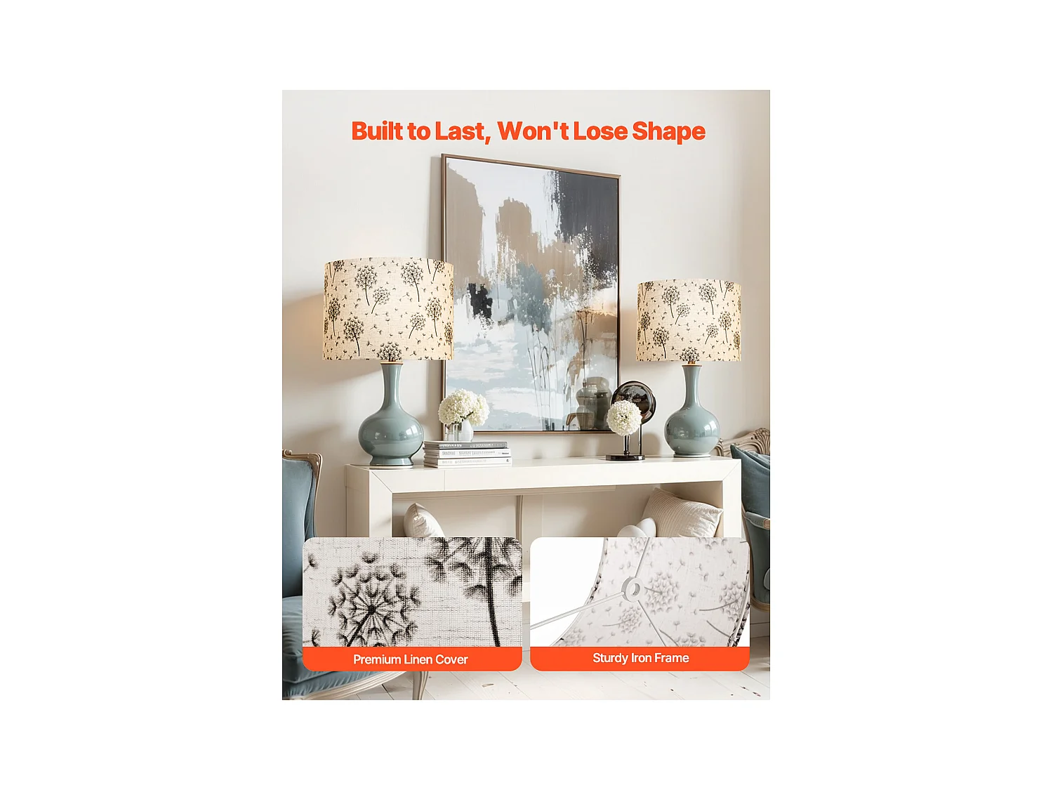 Paralume a Tamburo SucceBuy, 2 Pezzi, 33x33x25 cm, Paralume Rotondo di Ricambio Medio in Lino per Lampade da Terra e a Sospensione, Motivo Dente di Leone Chiaro