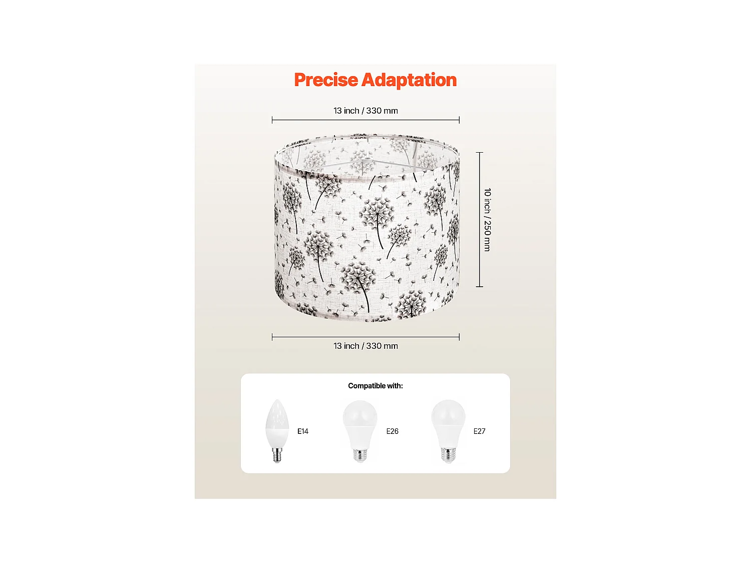 Paralume a Tamburo SucceBuy, 2 Pezzi, 33x33x25 cm, Paralume Rotondo di Ricambio Medio in Lino per Lampade da Terra e a Sospensione, Motivo Dente di Leone Chiaro