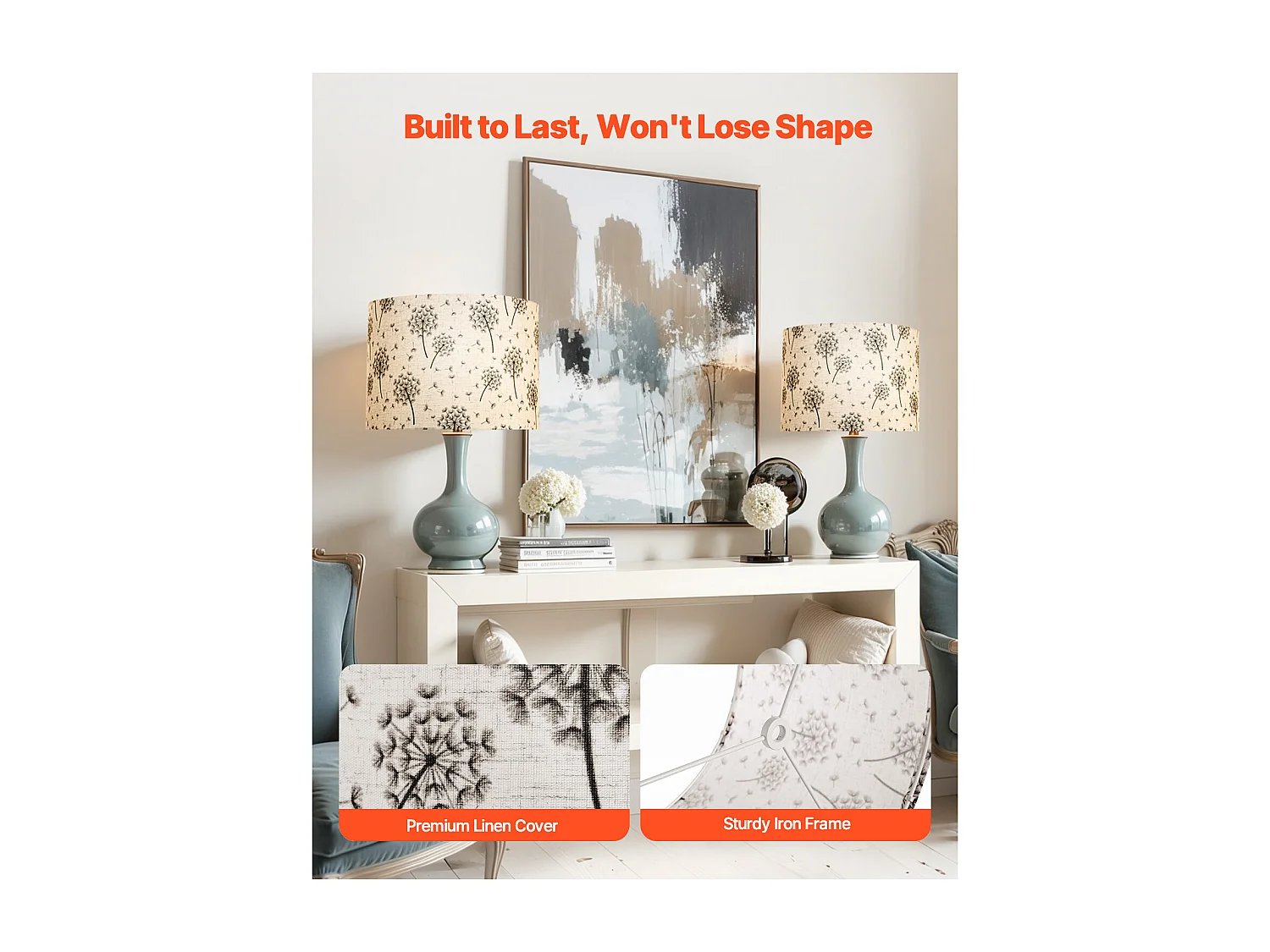 Abat-Jour Tambour SucceBuy, 2 Pcs, 33x33x25 cm, Abat-Jour Ronde de Remplacement Moyen en Lin pour Lampes de Lampadaires et Suspensions, Motif Pissenlit Clair