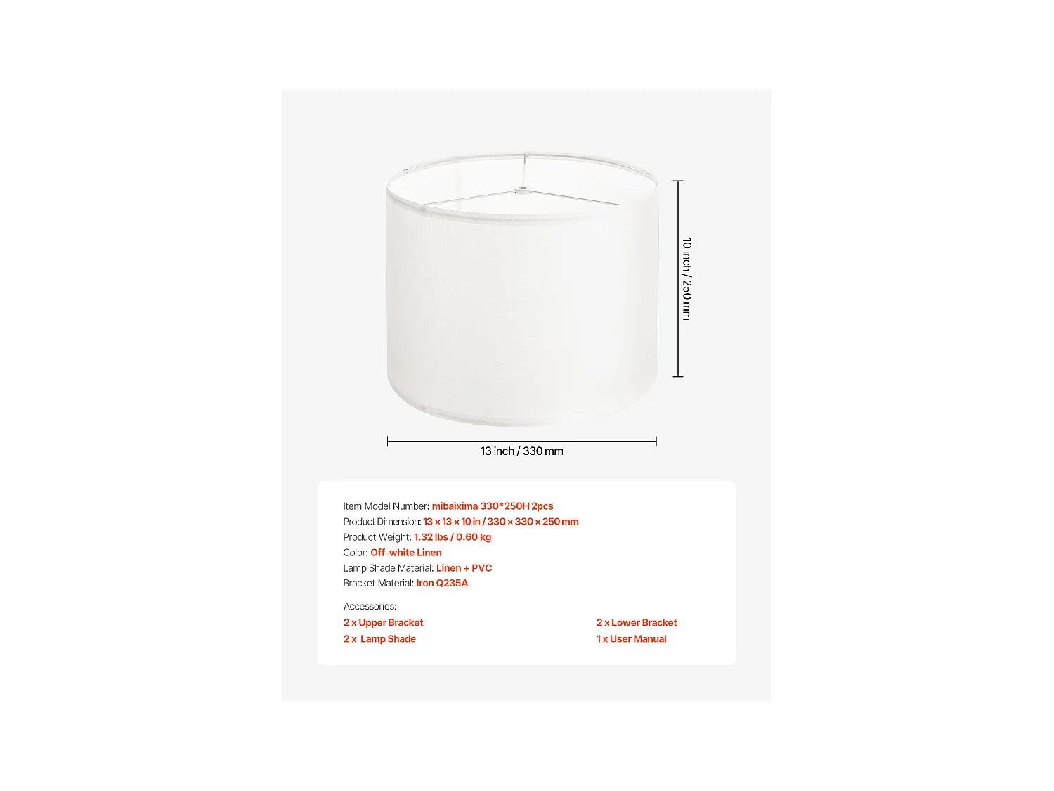 Abat-Jour Tambour SucceBuy, 2 Pcs, 33x33x25 cm, Abat-Jour de Remplacement Moyen en Lin pour Lampes de Table, Lampadaires et Suspensions, Lin Blanc Cassé