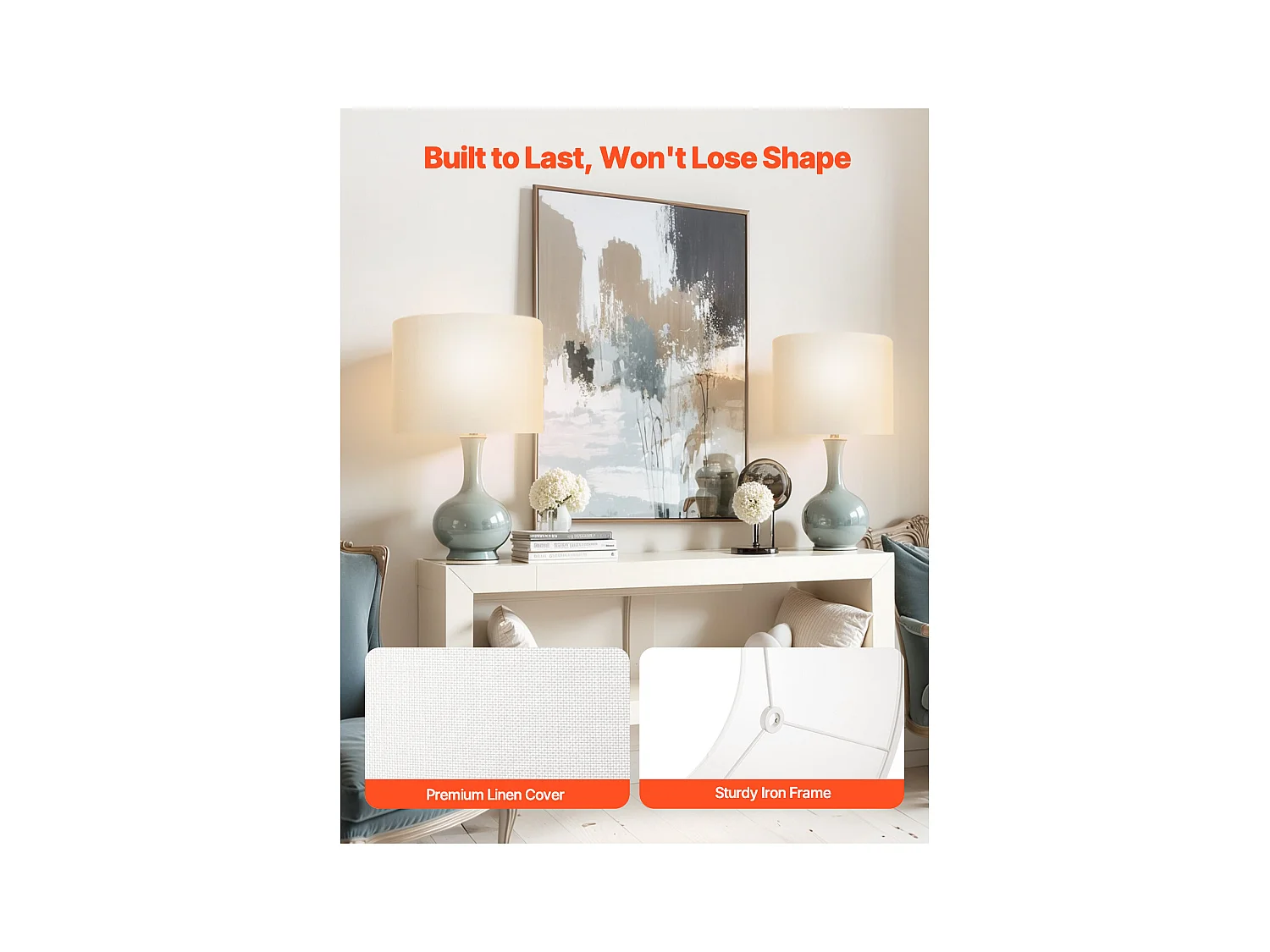 Abat-Jour Tambour SucceBuy, 2 Pcs, 33x33x25 cm, Abat-Jour de Remplacement Moyen en Lin pour Lampes de Table, Lampadaires et Suspensions, Lin Blanc Cassé