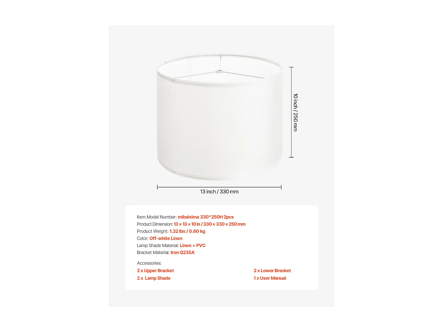 Abat-Jour Tambour SucceBuy, 2 Pcs, 33x33x25 cm, Abat-Jour de Remplacement Moyen en Lin pour Lampes de Table, Lampadaires et Suspensions, Lin Blanc Cassé