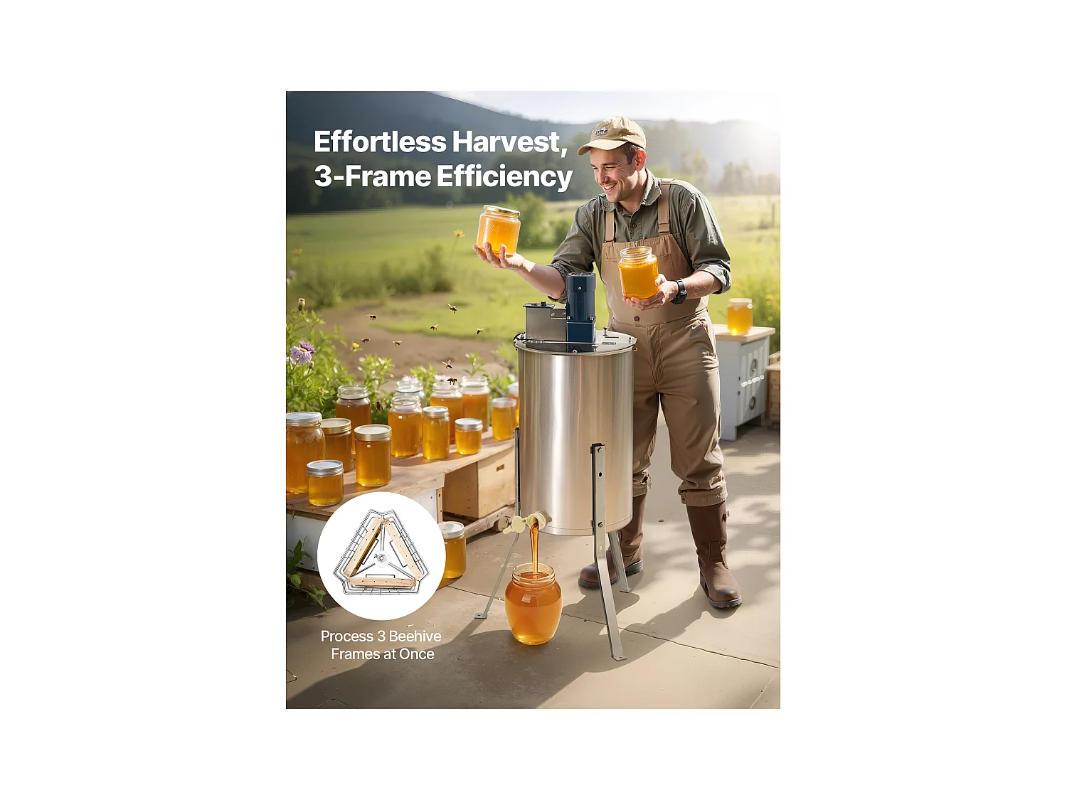 Extracteur de Miel Électrique à 3 Cadres SucceBuy Centrifugeuse Séparateur Miel en Acier Inoxydable avec Couvercle Transparent, Hauteur Réglable, 140 W