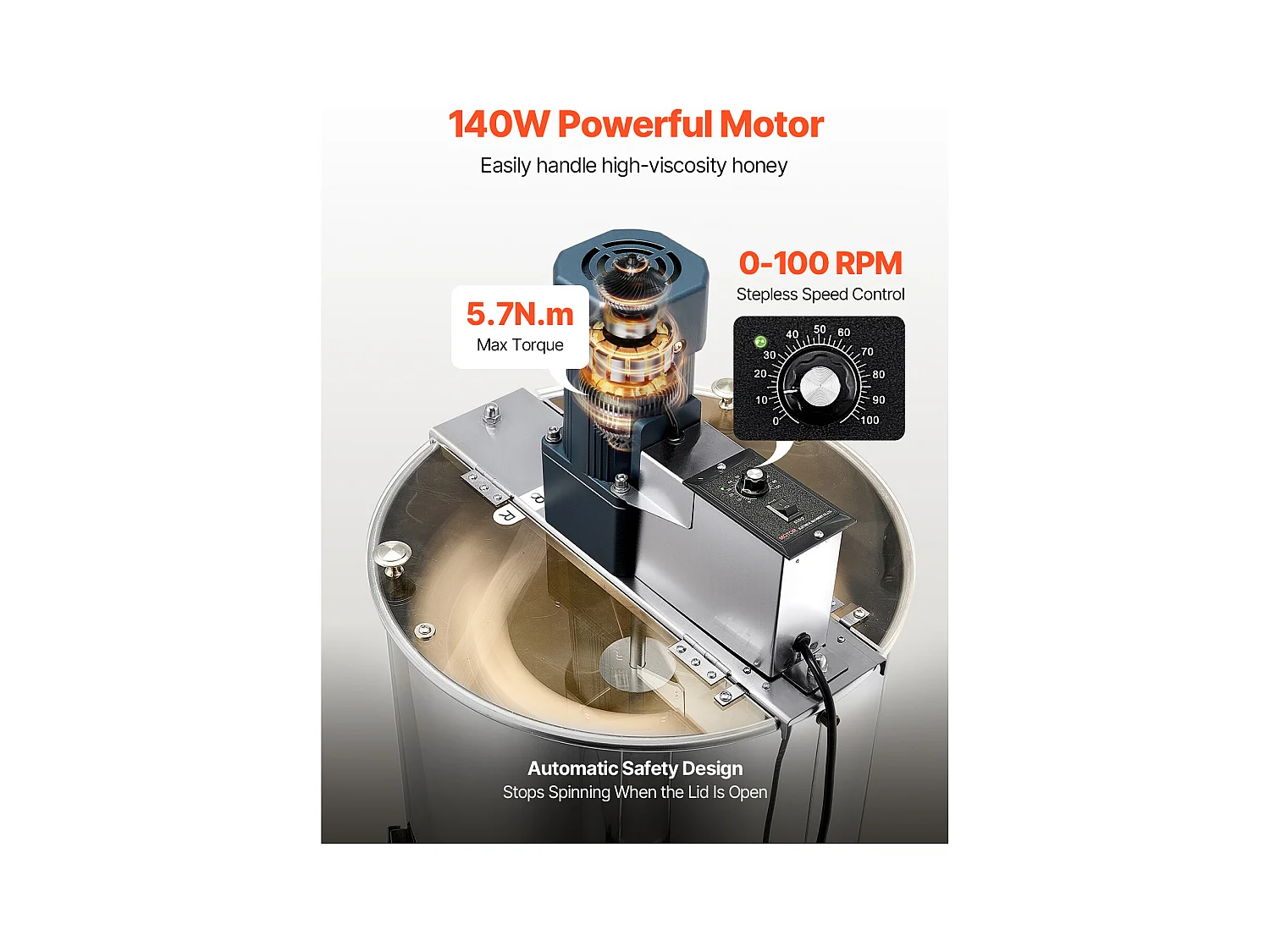 Extracteur de Miel Électrique à 3 Cadres SucceBuy Centrifugeuse Séparateur Miel en Acier Inoxydable avec Couvercle Transparent, Hauteur Réglable, 140 W