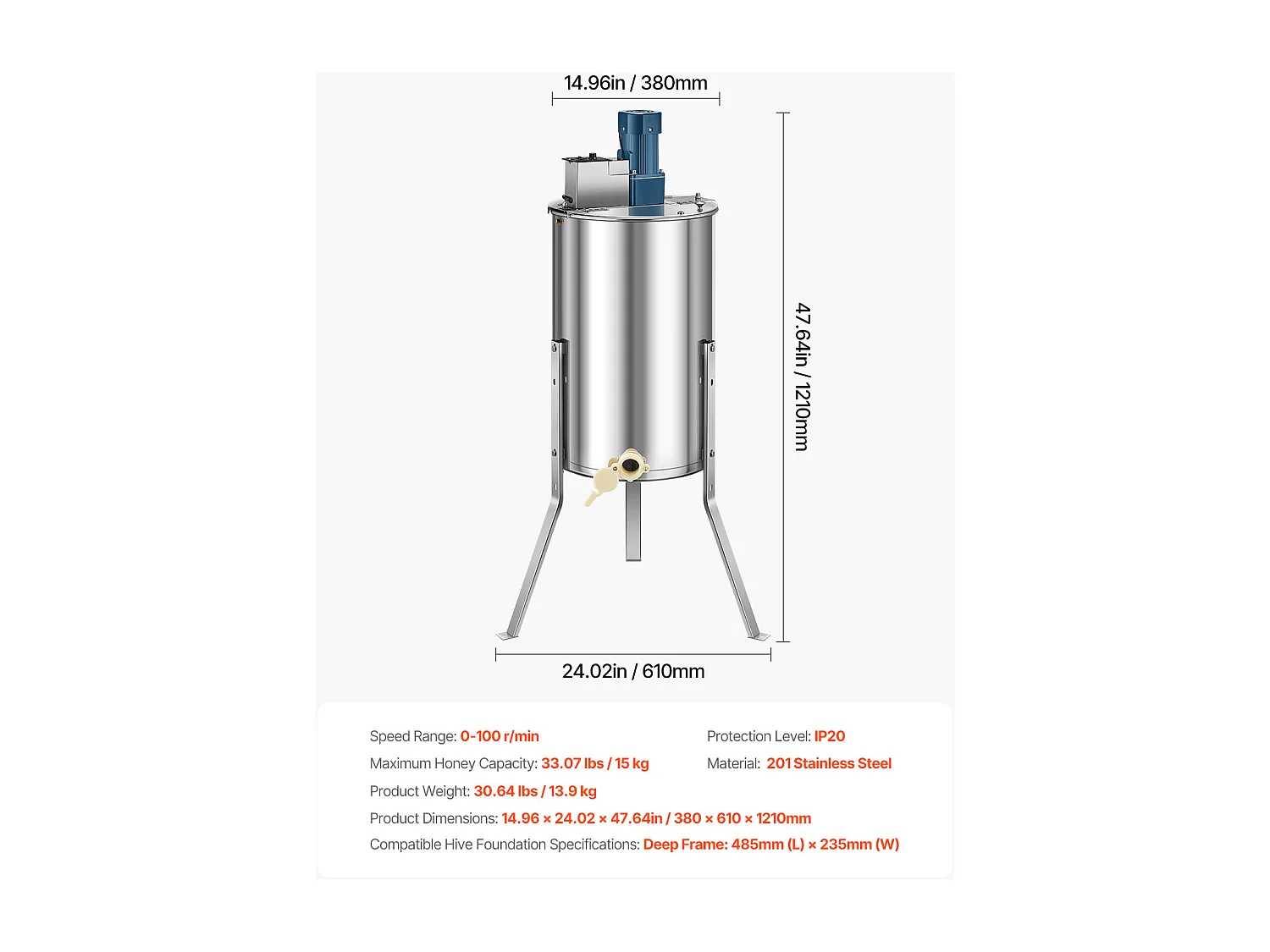 Extracteur de Miel Électrique à 3 Cadres SucceBuy Centrifugeuse Séparateur Miel en Acier Inoxydable avec Couvercle Transparent, Hauteur Réglable, 140 W