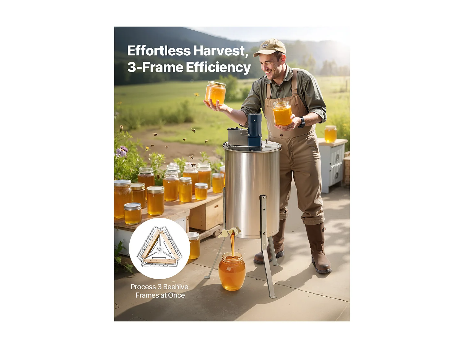 Extracteur de Miel Électrique à 3 Cadres SucceBuy Centrifugeuse Séparateur Miel en Acier Inoxydable avec Couvercle Transparent, Hauteur Réglable, 140 W