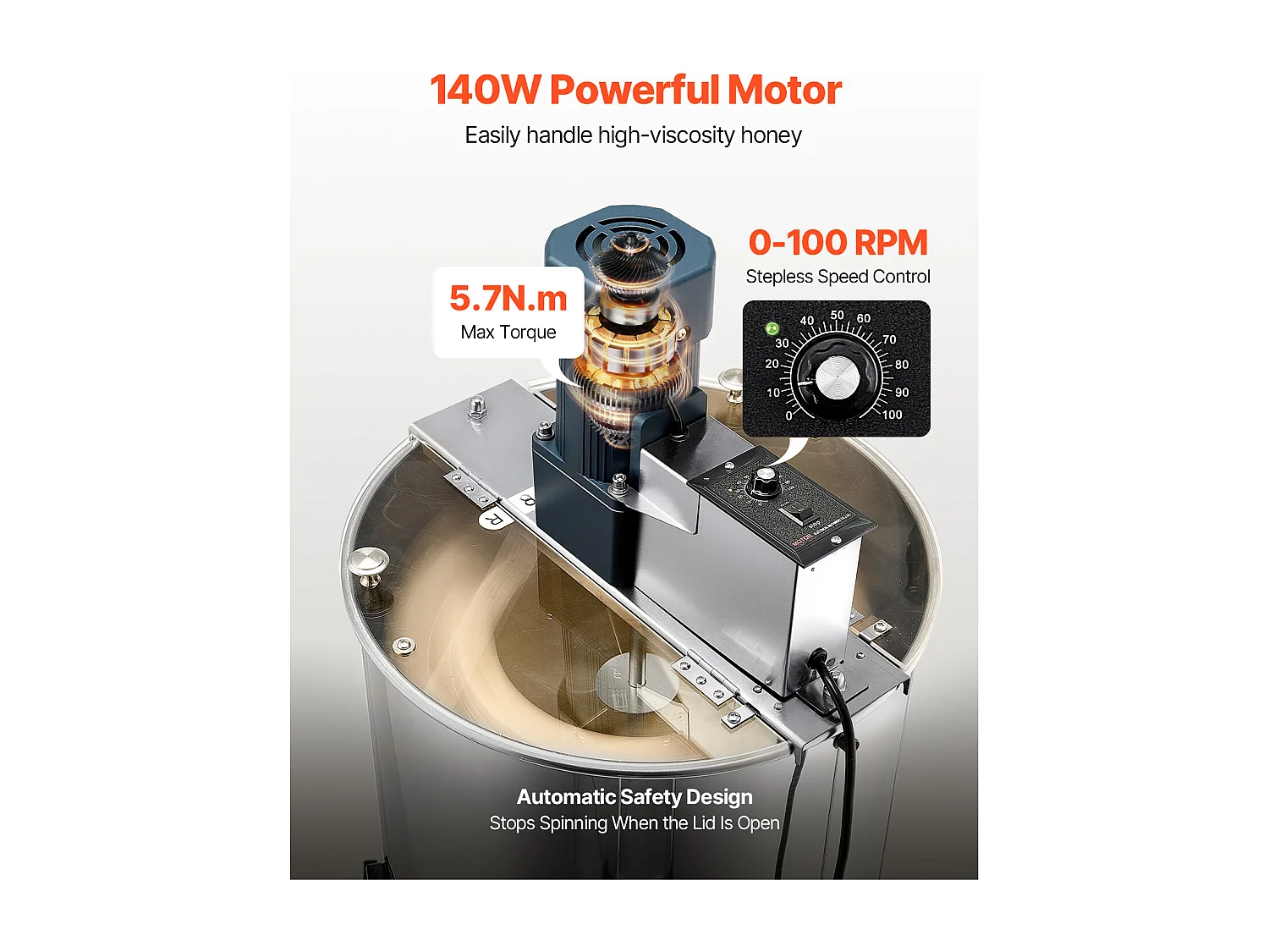 Extracteur de Miel Électrique à 3 Cadres SucceBuy Centrifugeuse Séparateur Miel en Acier Inoxydable avec Couvercle Transparent, Hauteur Réglable, 140 W