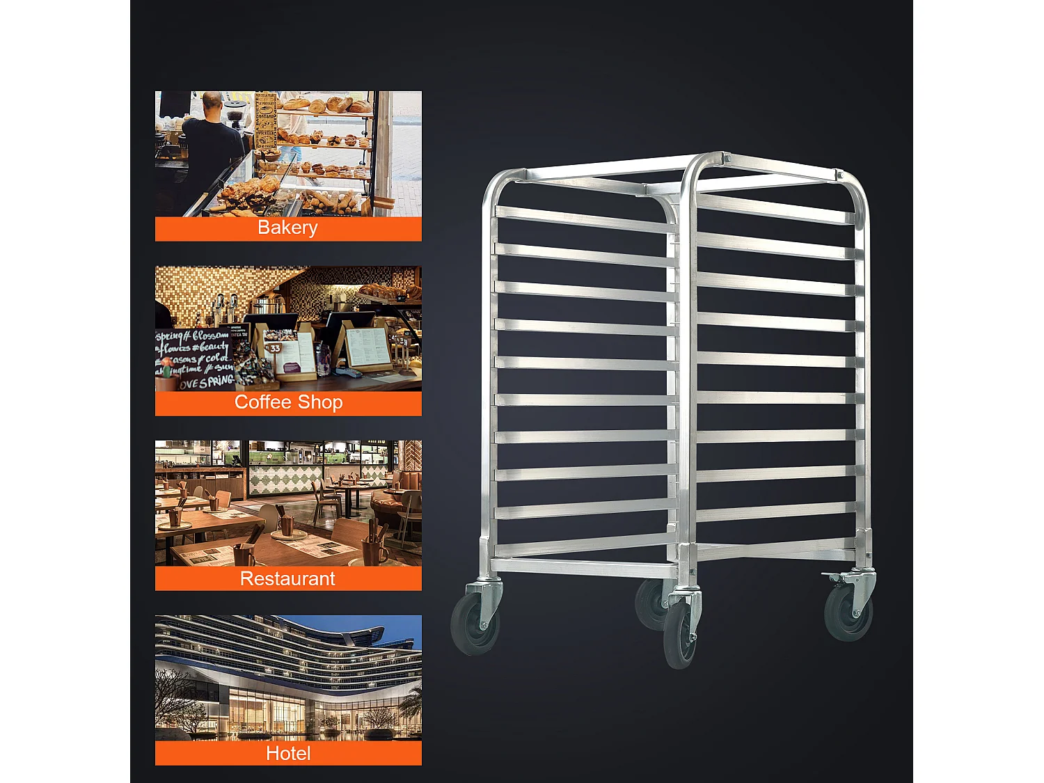 Chariot Porte-Plaques Boulangerie, SucceBuy Support à Pain en Aluminium à 10 Niveaux avec Roulettes de Frein