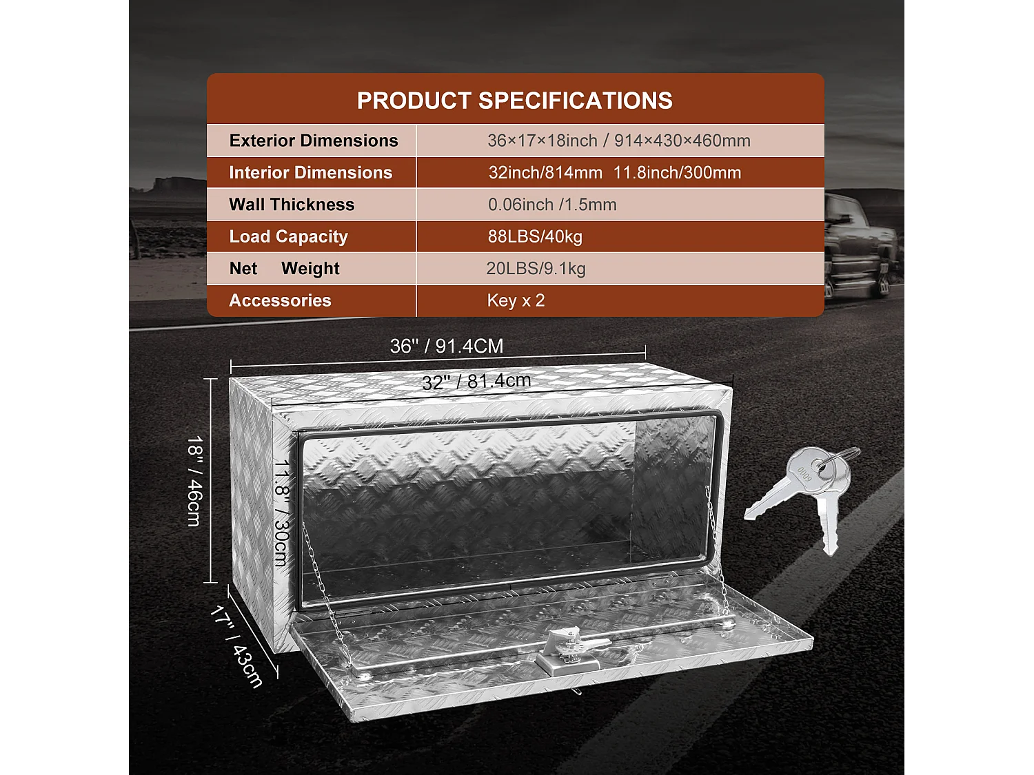 Boîte à Outils en Aluminium pour Sous-Caisse de Camion SucceBuy, 91,4×43×46 cm, pour Remorque RV