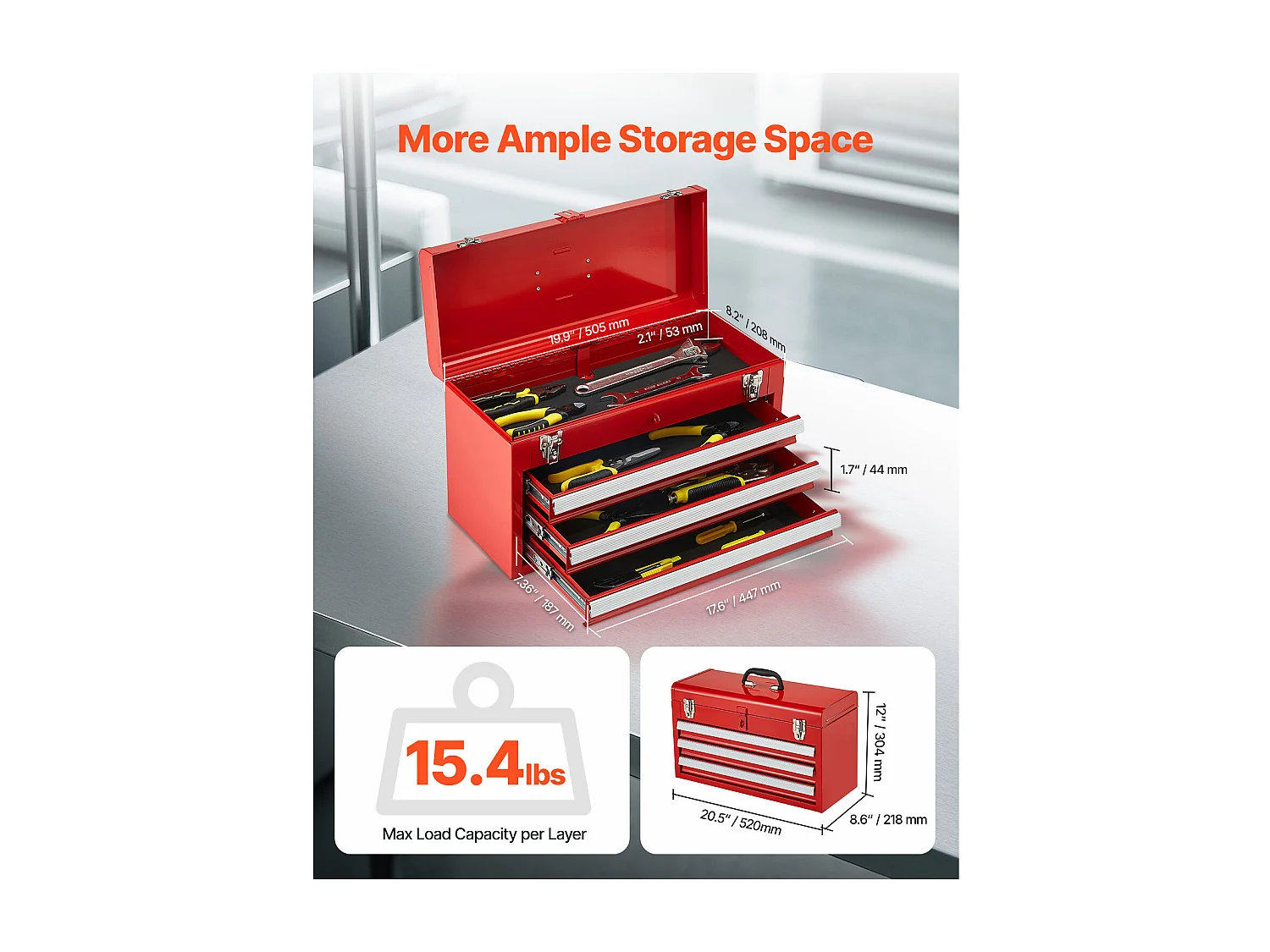 Boîte à Outils Portable en Métal SucceBuy, 520 mm à 3 Tiroirs, Rouge