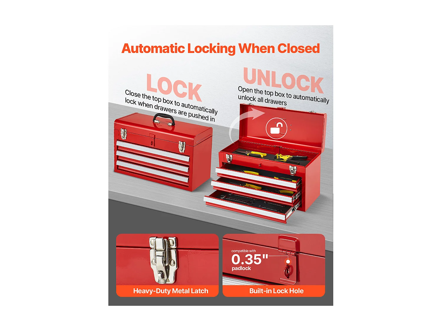 Boîte à Outils Portable en Métal SucceBuy, 520 mm à 3 Tiroirs, Rouge