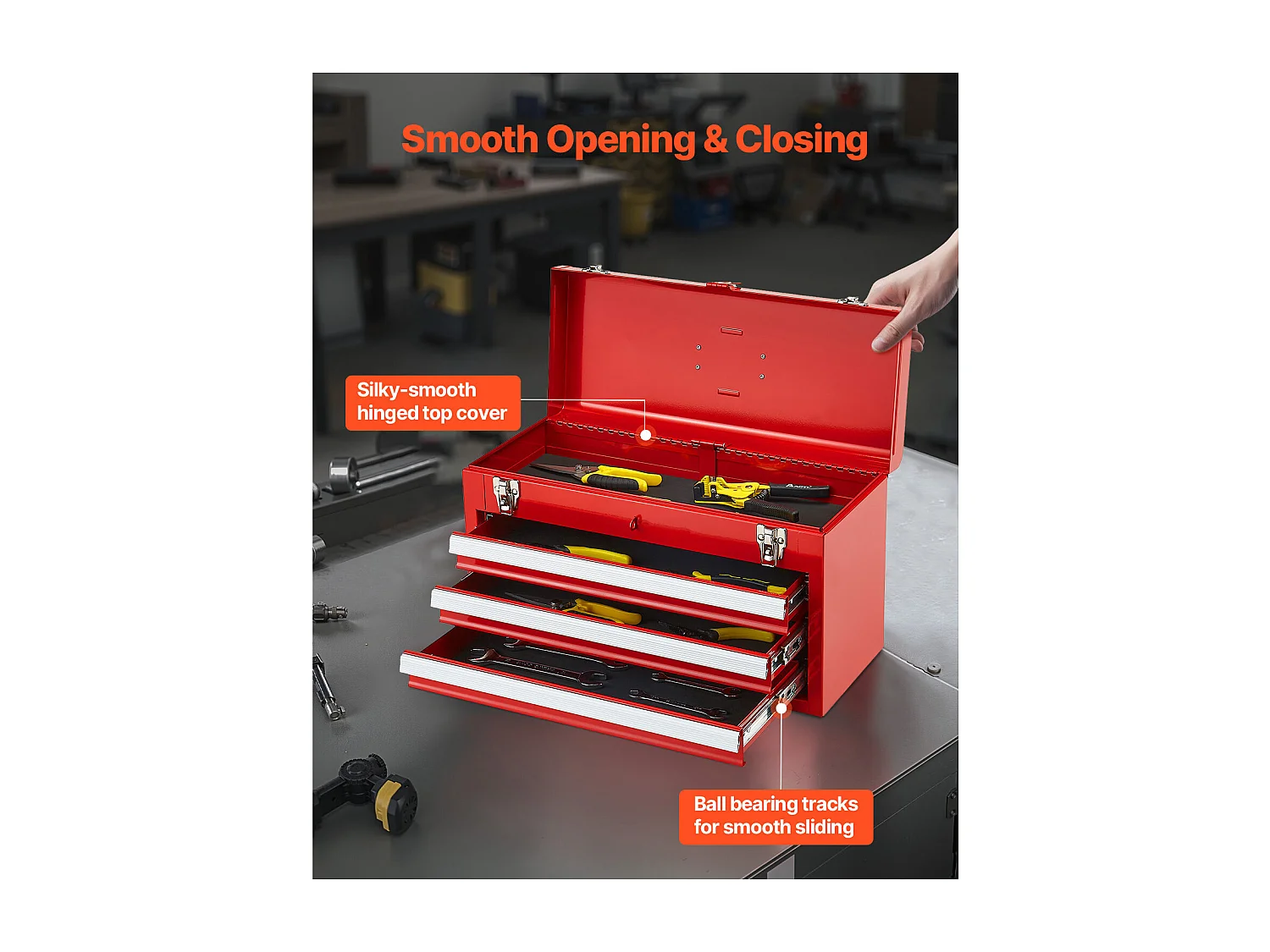 Boîte à Outils Portable en Métal SucceBuy, 520 mm à 3 Tiroirs, Rouge