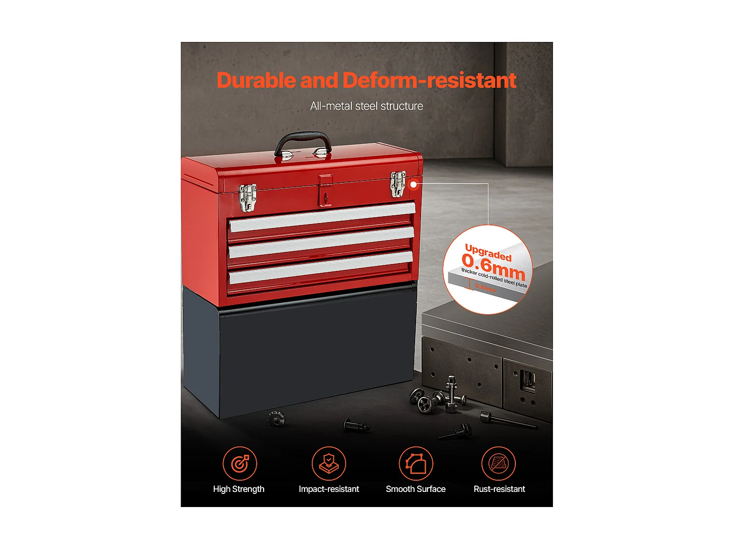 Boîte à Outils Portable en Métal SucceBuy, 520 mm à 3 Tiroirs, Rouge