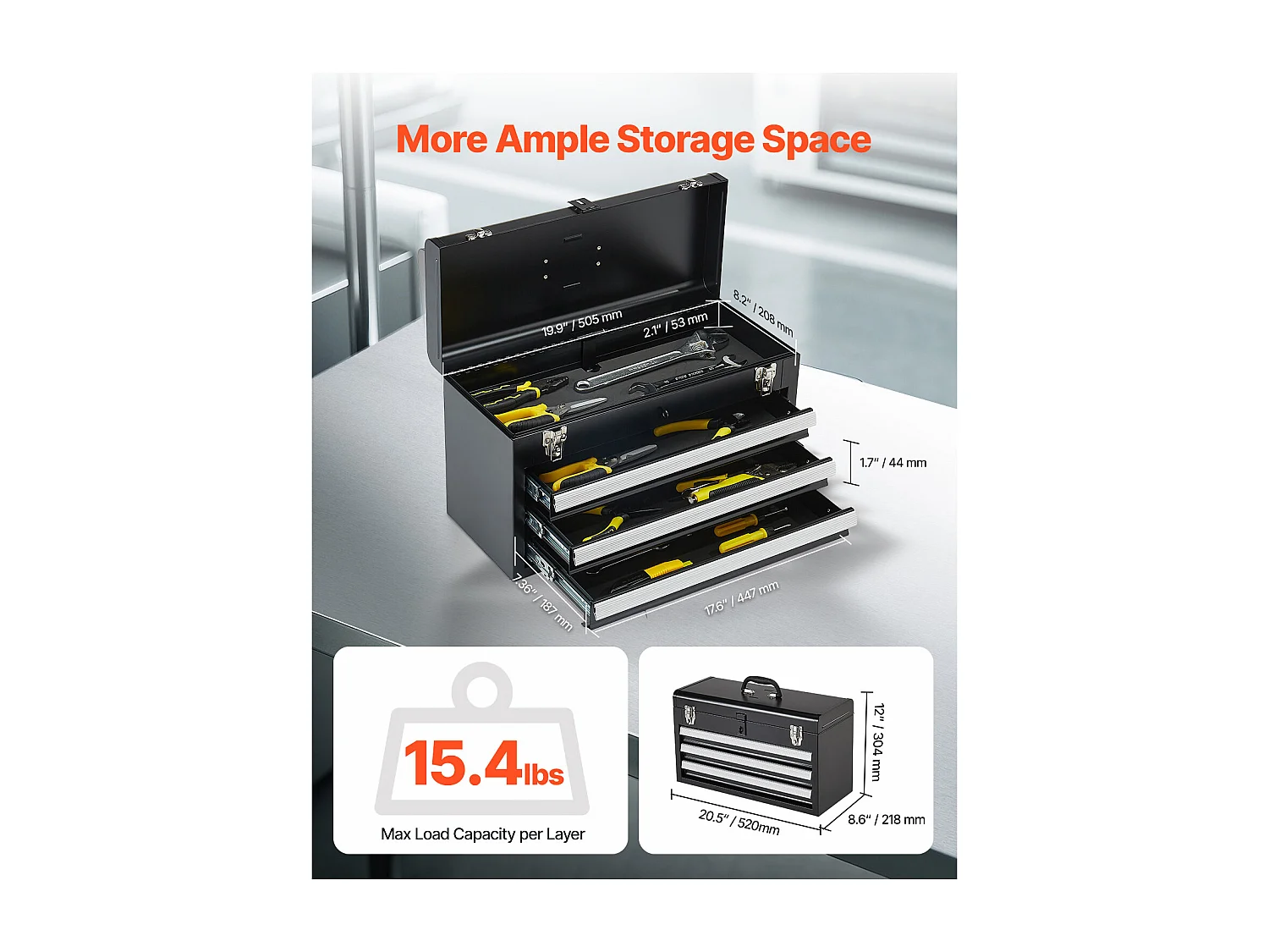 Boîte à Outils Portable en Métal SucceBuy, 520 mm avec 3 Tiroirs
