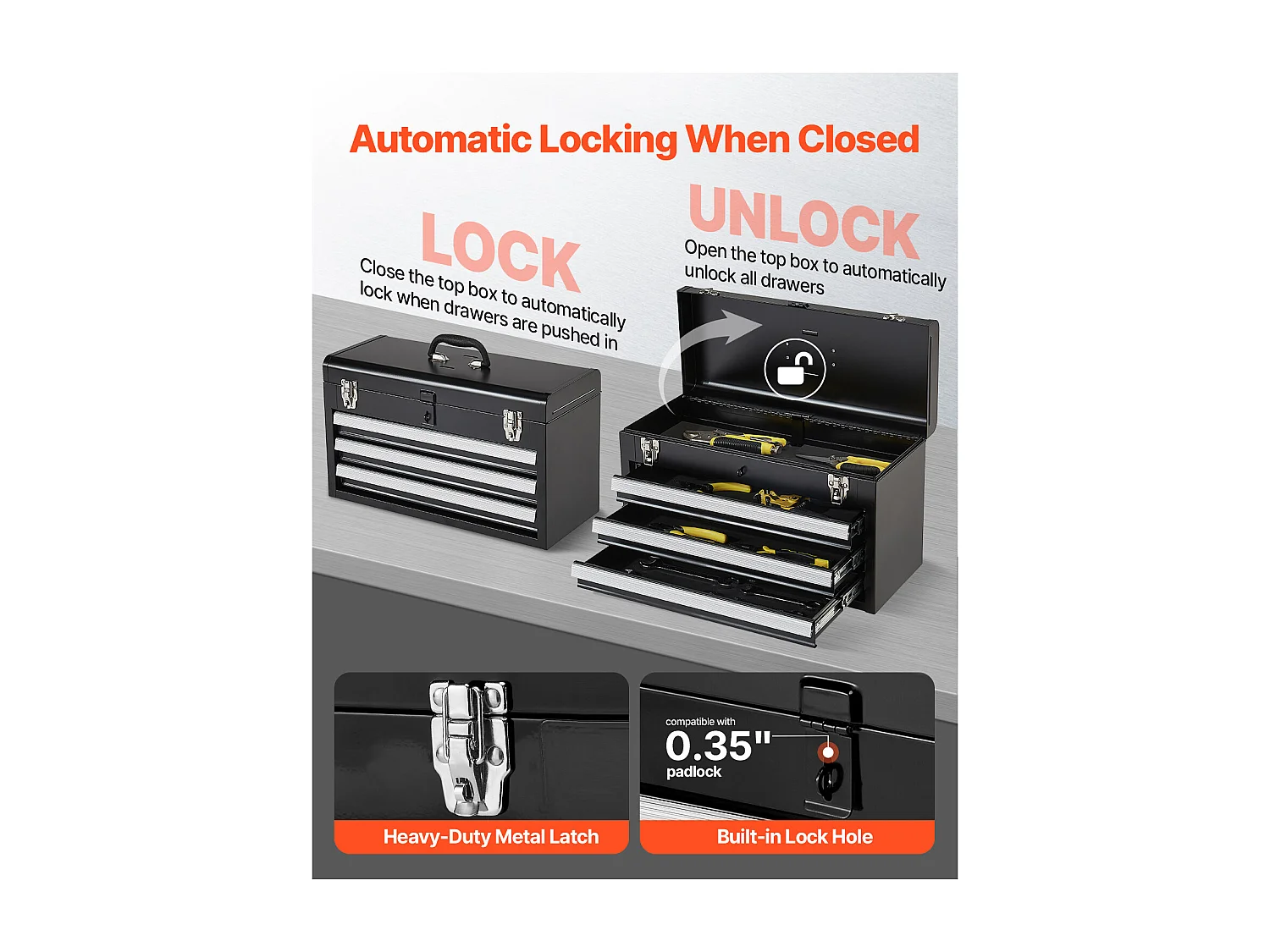 Boîte à Outils Portable en Métal SucceBuy, 520 mm avec 3 Tiroirs