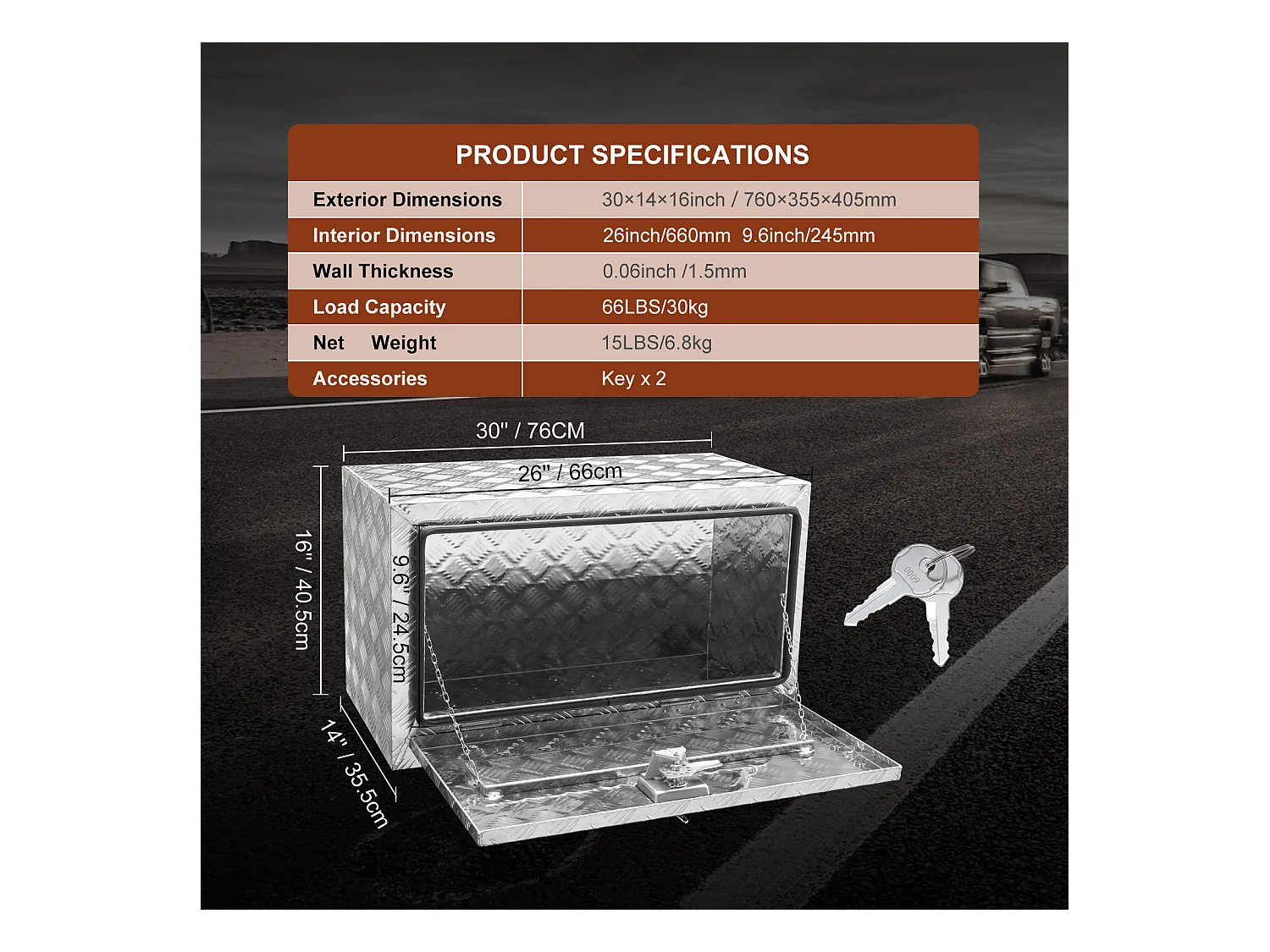 Boîte à Outils en Aluminium pour Sous-Caisse de Camion SucceBuy, 76,2 x 35,6 x 40,6 cm, Stockage pour Remorques et Camping-Cars